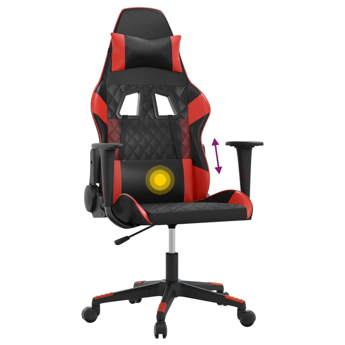 Gaming-Stuhl. Schwarz und rot mit verstellbaren Armlehnen und Kopfstütze. Schwarzer Sockel mit roten Akzenten.