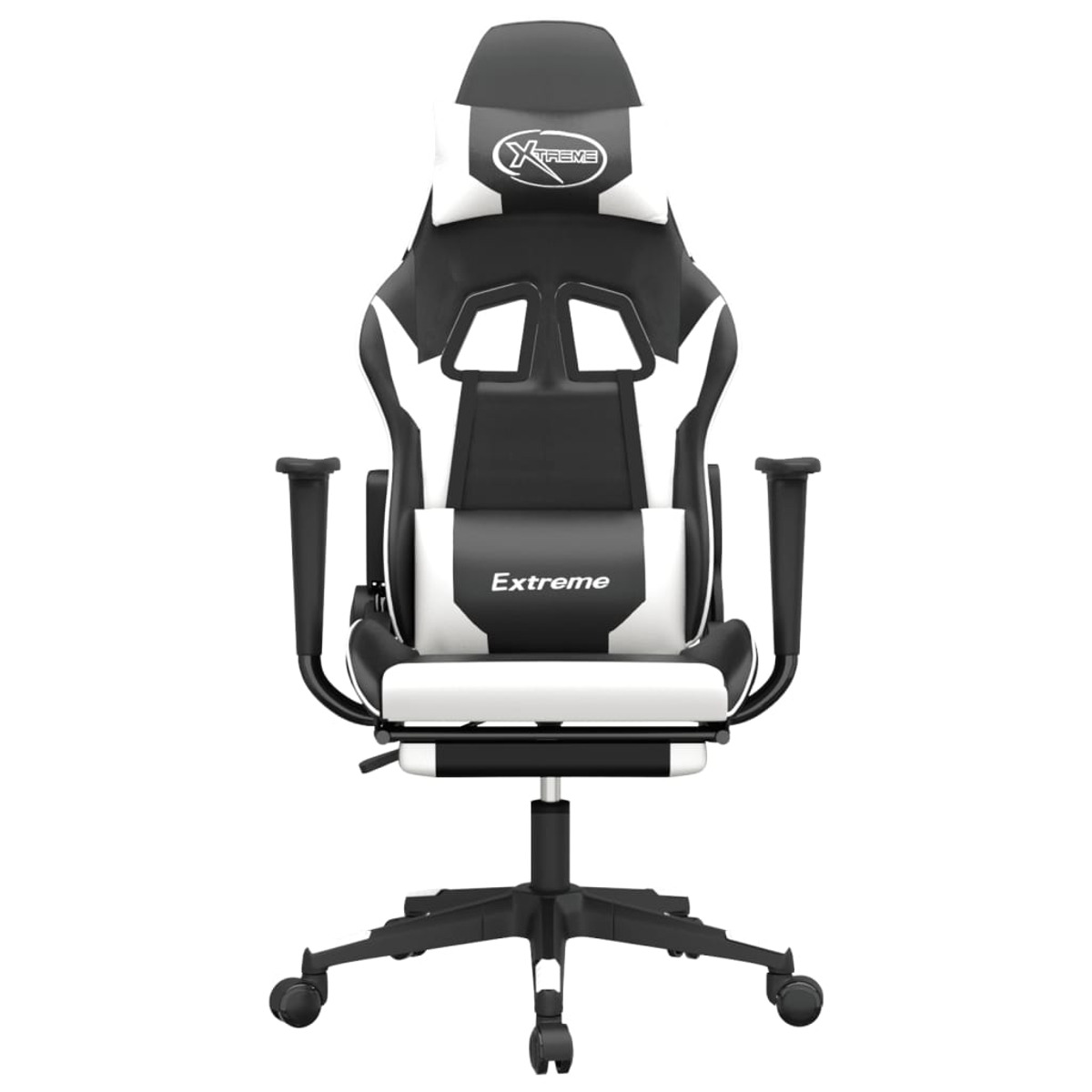 Schwarz-weißer Gaming-Stuhl mit 'Xtreme'-Logo und schwarzem Fuß. Vorderansicht, weißer Hintergrund.