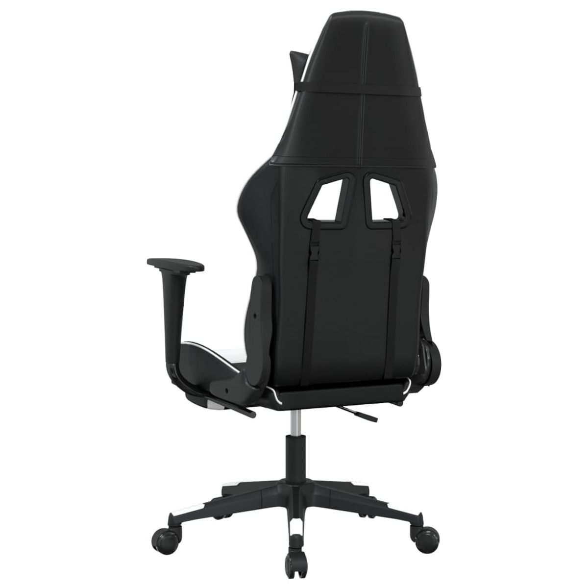 Gaming-Stuhl, Rückansicht, weiß und schwarz, mit schwarzen Rädern und Details.