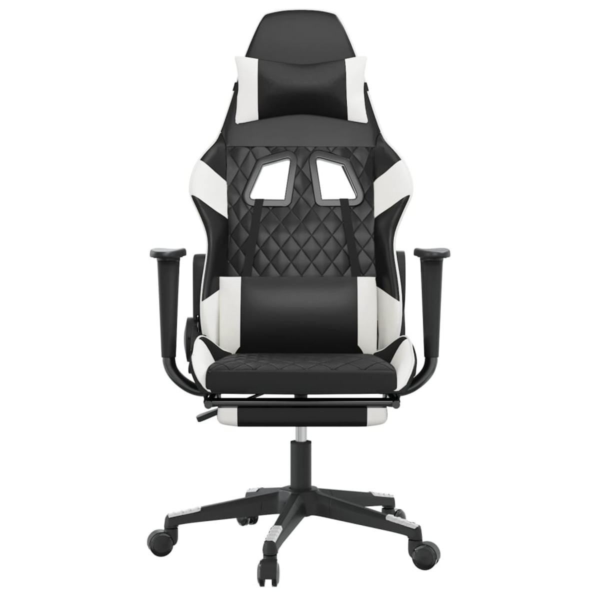 Schwarz-weißer Gaming-Stuhl. Er hat eine hohe Rückenlehne, Armlehnen und eine Fußstütze.