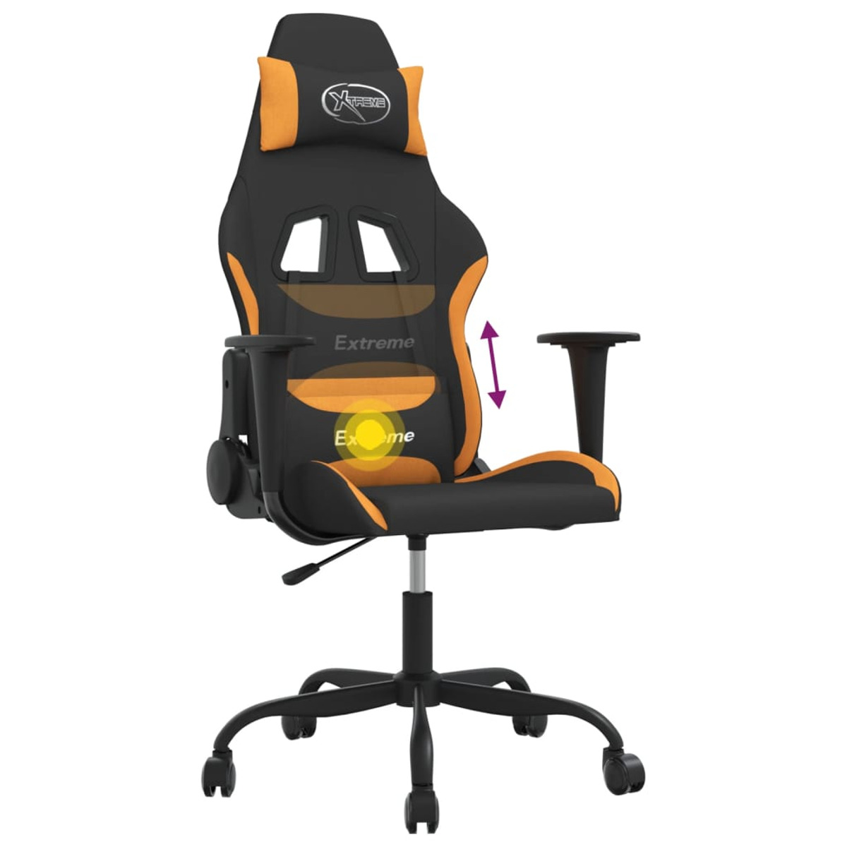 Orangener und schwarzer Gaming-Stuhl. Der Stuhl hat verstellbare Armlehnen. Mit dem Wort Extreme.