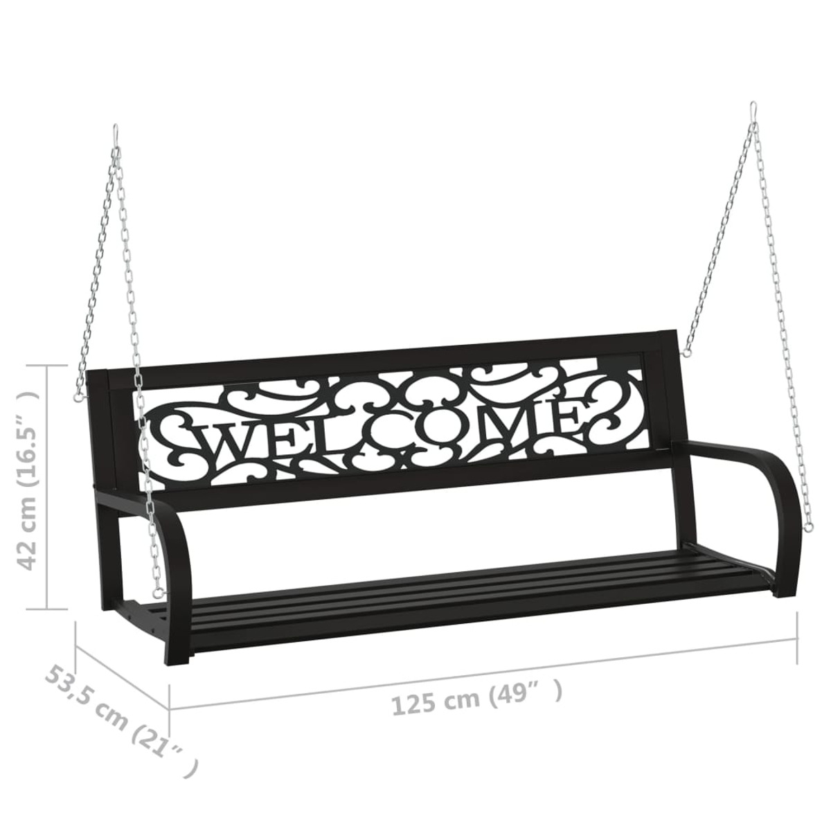 Schwarze Schaukelbank mit WILLKOMMEN-Design und dekorativem Rahmen, an Ketten hängend.