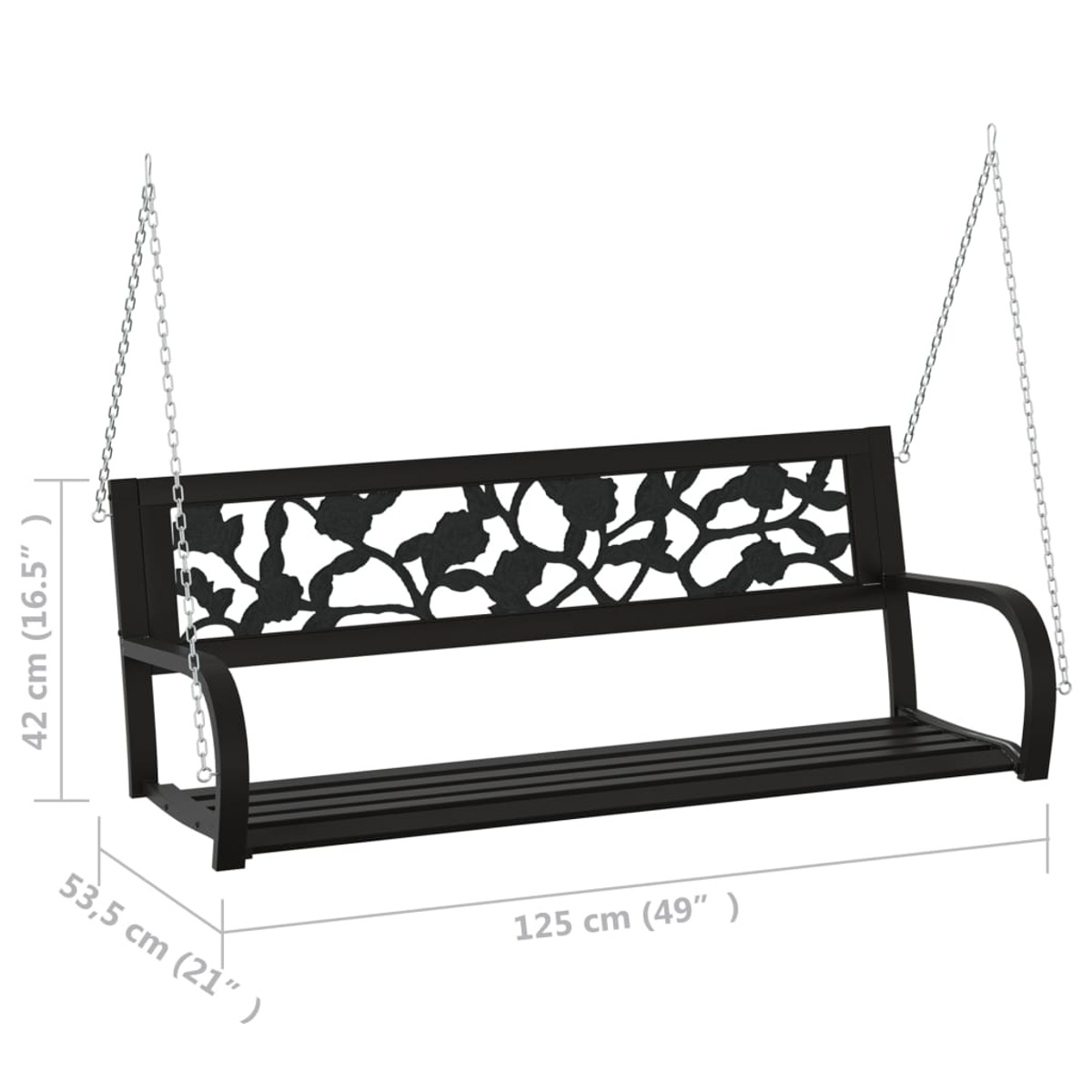 Schwarze Holzschaukelbank mit Blumendesign auf der Rückseite. Weißer Hintergrund.