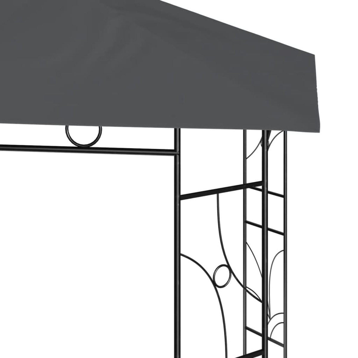 Pavillon-Gestell: schwarz, mit grauem Dach. Metallstruktur mit gemusterten Seiten.