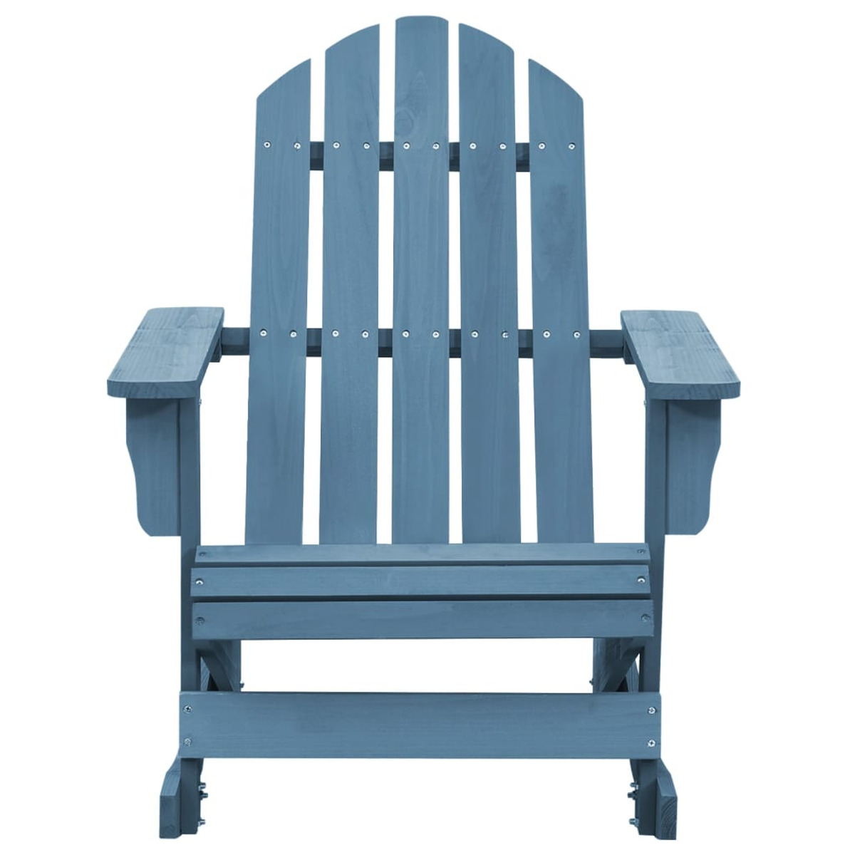 Blauer Adirondack-Stuhl aus Holz mit Lattenrücken und -sitz, isoliert auf weißem Hintergrund.