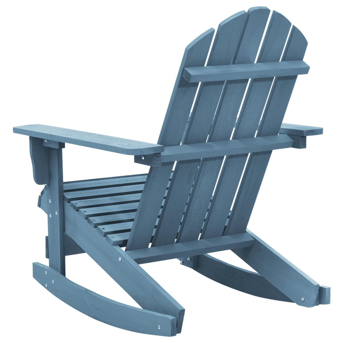 Blauer Adirondack-Stuhl aus Holz, von hinten betrachtet, auf weißem Grund.