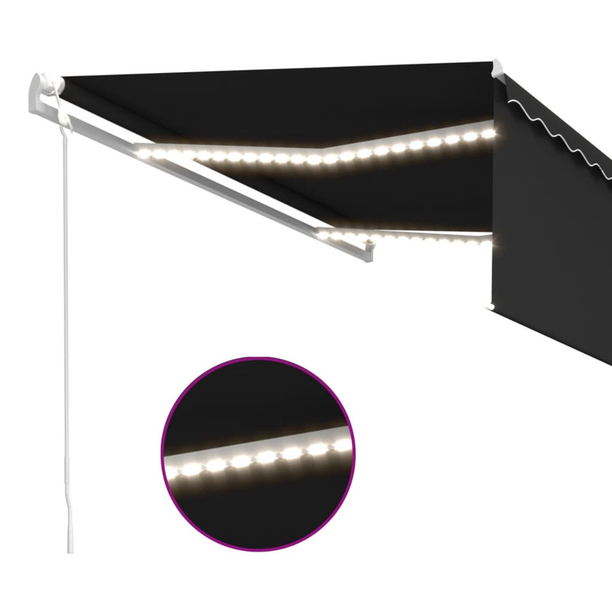 Schwarze Markise mit LED-Leuchten darunter, weißer Rahmen. Isoliert, kreisförmige Nahaufnahme der Lichter.