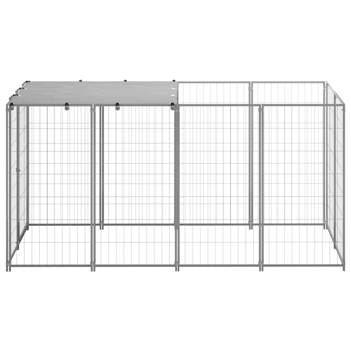 Eine große Metall-Hundehütte mit Dach, Drahtgeflechtwänden und mehreren Abschnitten.