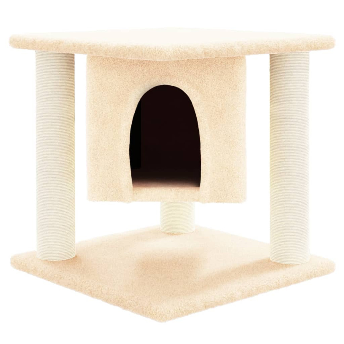 Katzenbaum mit beigen Teppichoberflächen, einem Haus mit Bogeneingang und Säulen.