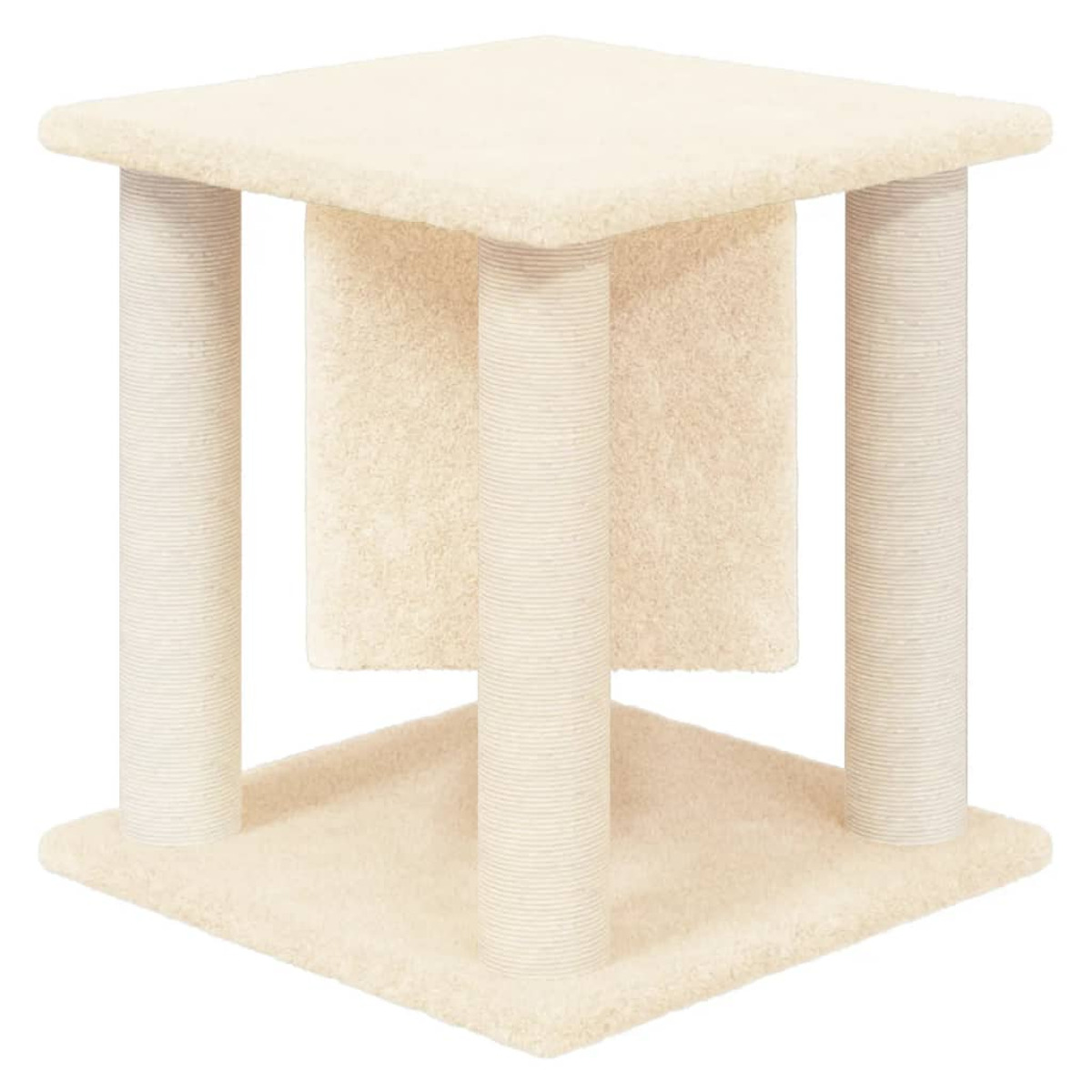 Ein beiger Kratzbaum mit vier Pfosten, quadratischer Basis und Oberseite und Kratzpad.