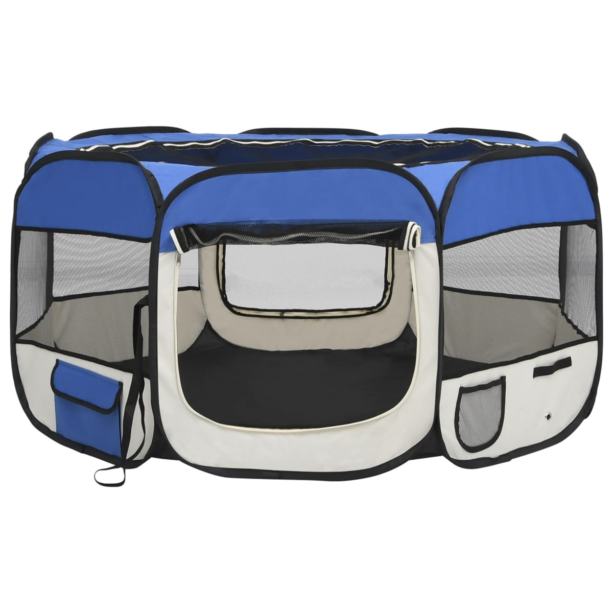 Blau-weißer tragbarer Haustier-Laufstall mit Netzfenstern und Taschen.