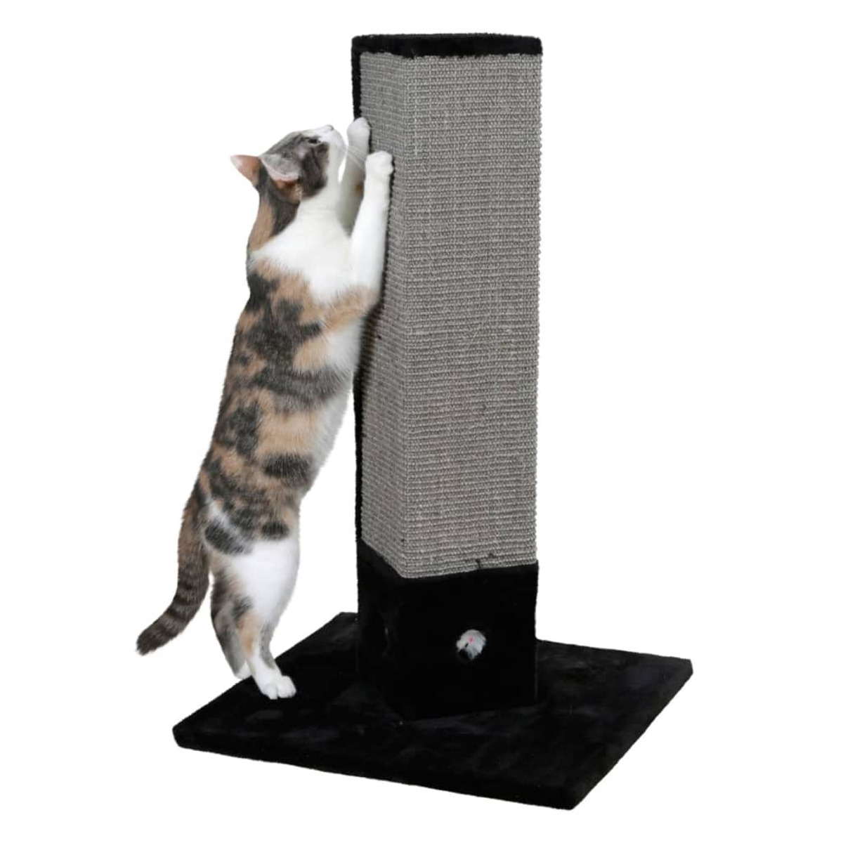 Eine Katze kratzt an einem grauen Kratzbaum.