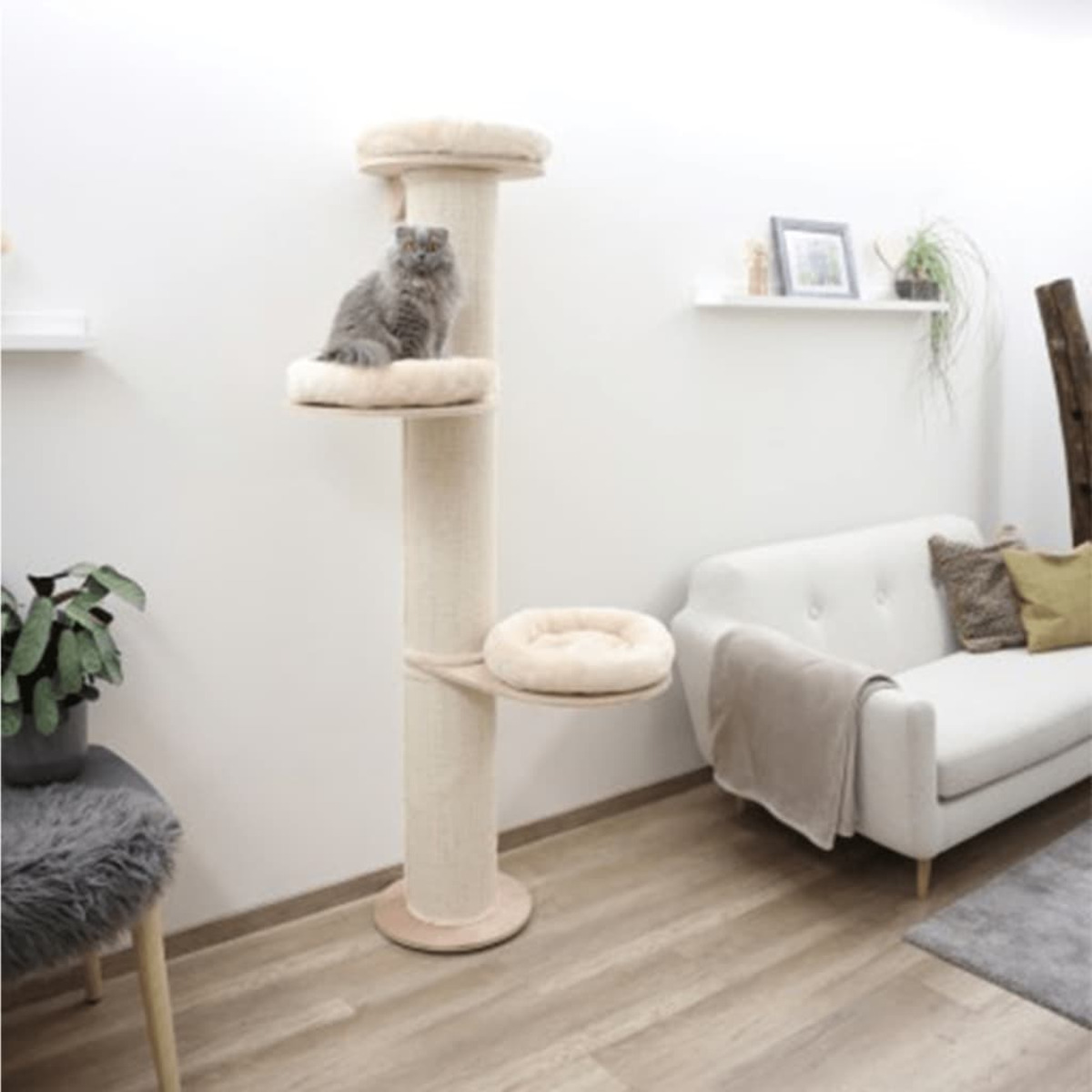 Ein Katzenbaum mit mehreren Ebenen und einer Katze, die auf der obersten Plattform sitzt, vor einer weißen Wand.