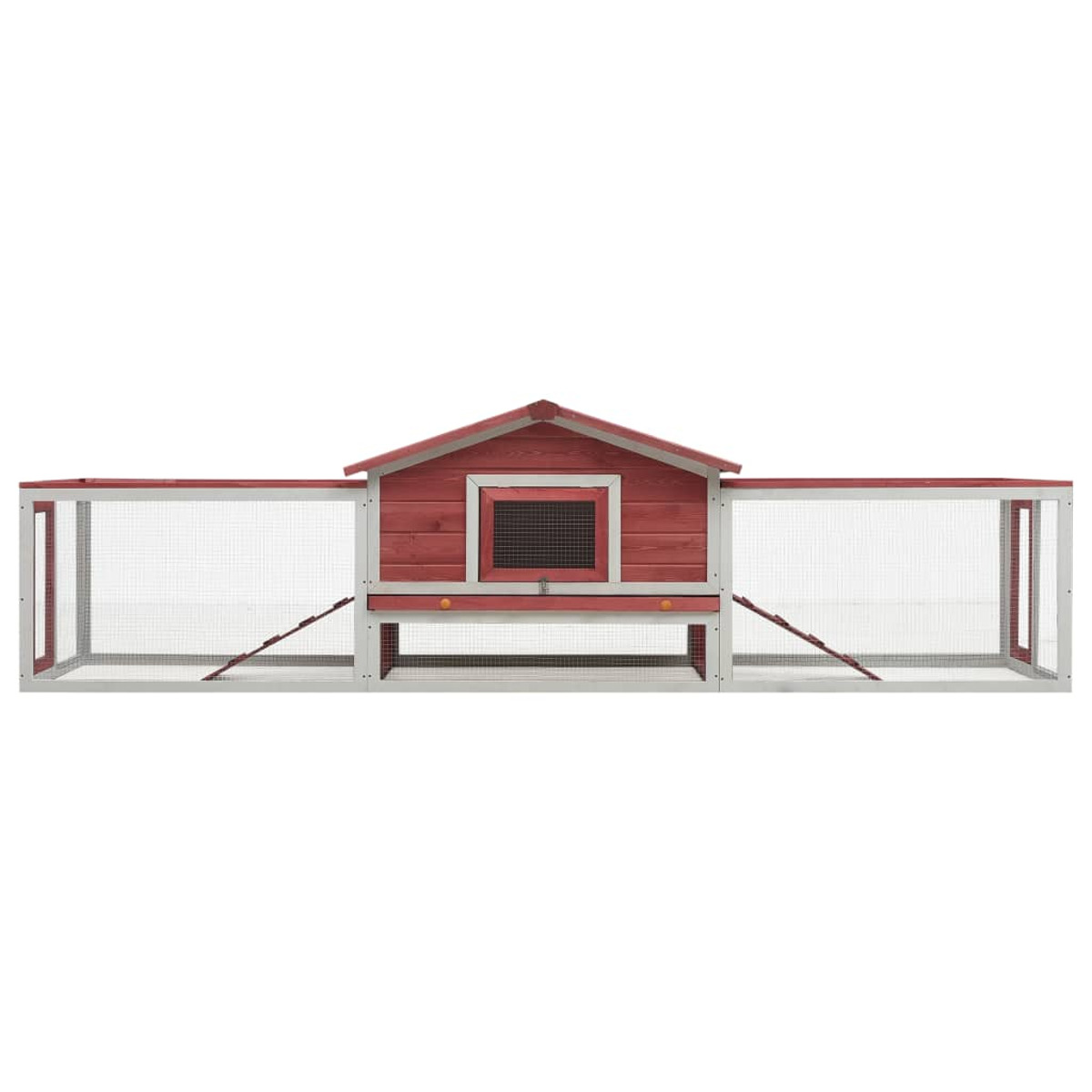 Ein großer roter und weißer Hühnerstall aus Holz mit Drahtgitterseiten und einem langen Auslauf.
