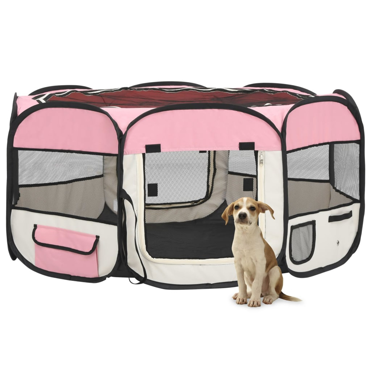 Rosa und weißer Hundeauslauf mit einem Hund davor.