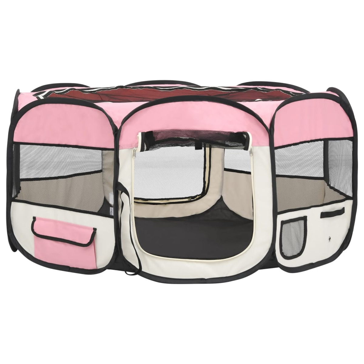 Rosa-weißer Haustier-Laufstall mit Mesh-Fenstern und Tür.