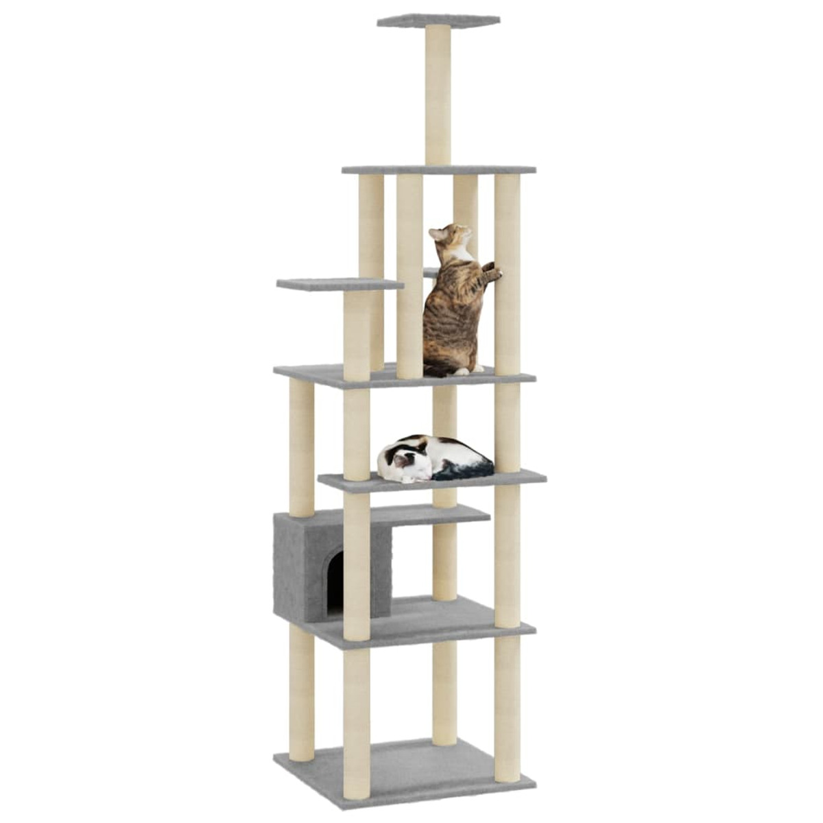 Mehrstöckiger Kratzbaum mit zwei Katzen. Eine Katze klettert, eine schläft.
