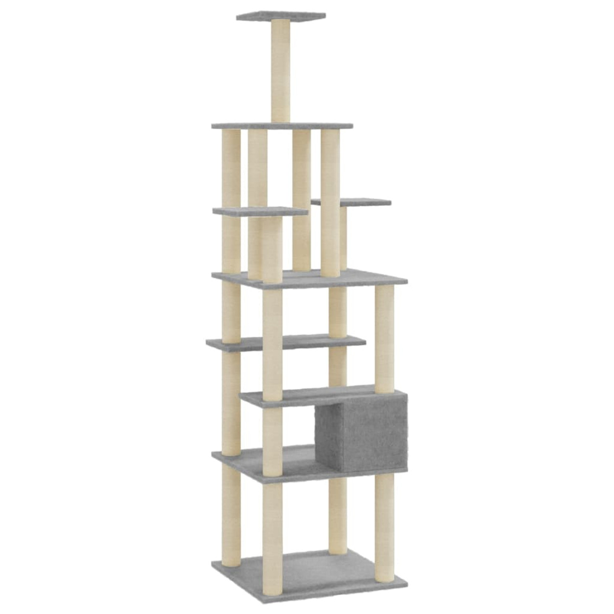 Hoher Katzenbaum mit mehreren Ebenen, Plattformen und Kratzbäumen. Grau und beige Farben.