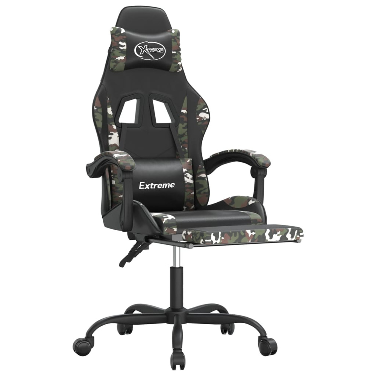 Schwarzer Gaming-Stuhl mit Tarnmuster.