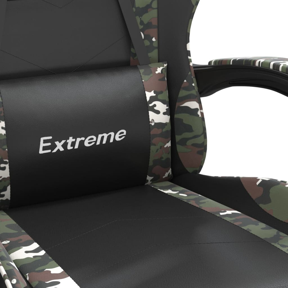 Nahaufnahme eines Gaming-Stuhls mit Camouflage-Muster und dem Wort „Extreme“.