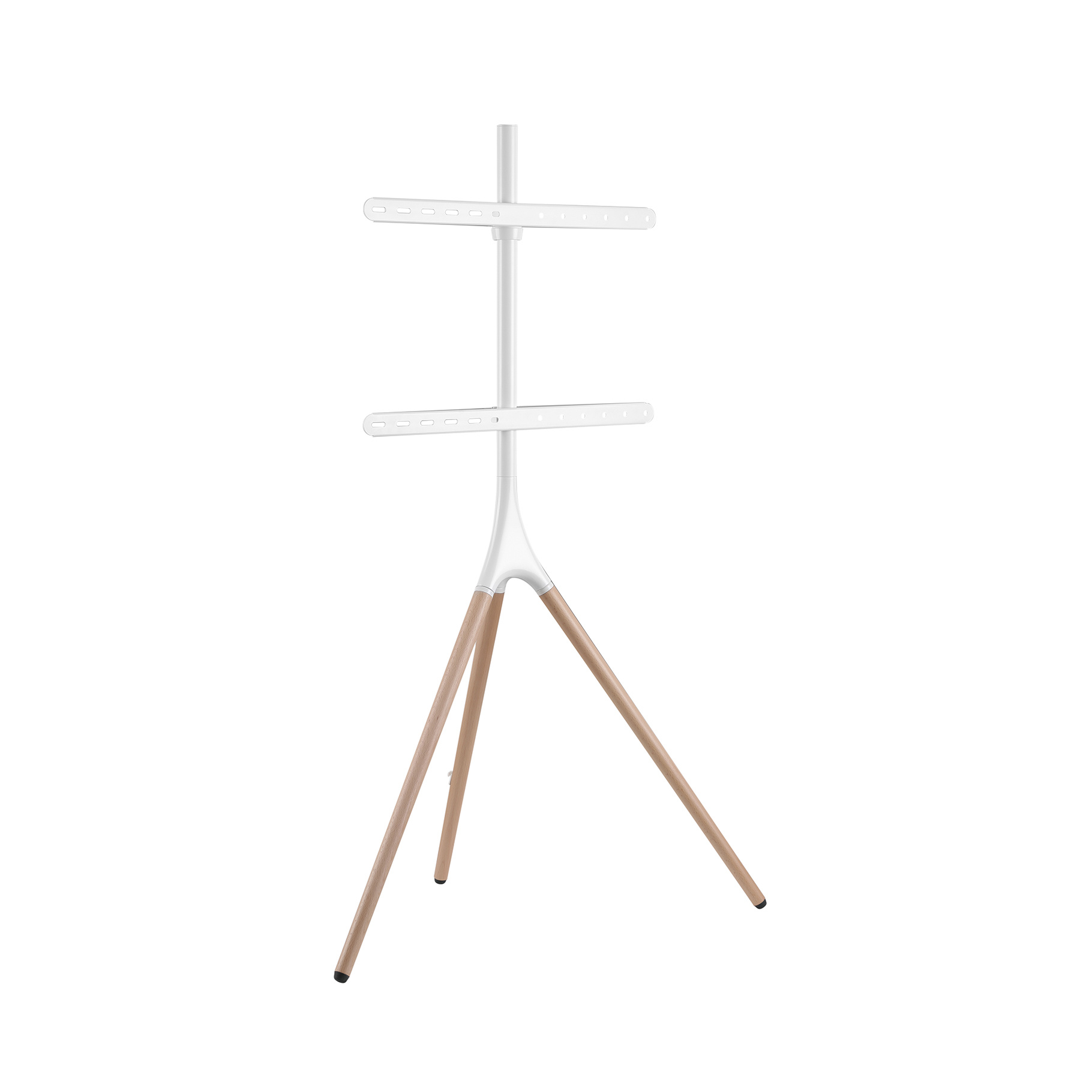 Een witte tv-standaard met houten poten. Hij heeft twee horizontale stangen voor het monteren van een tv.