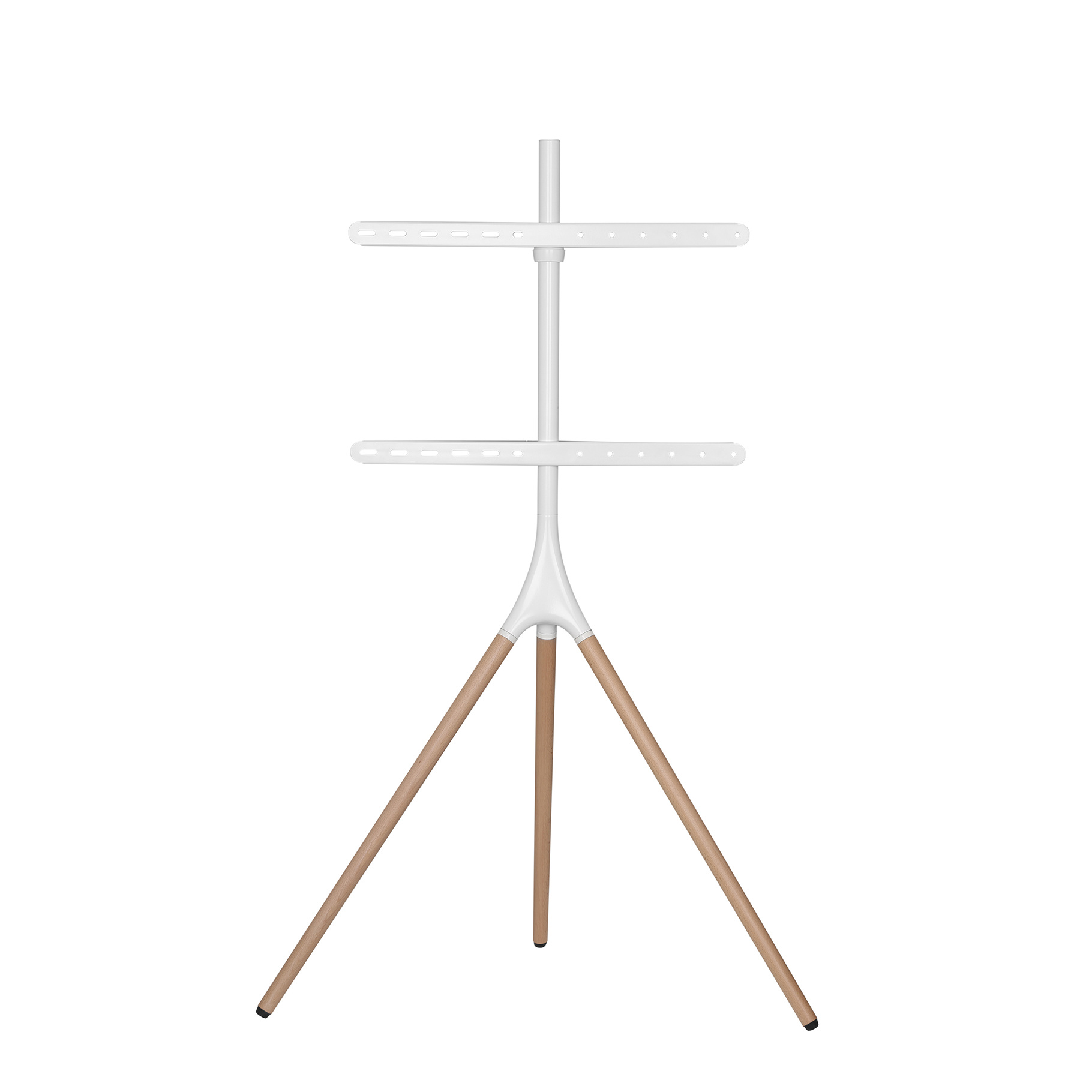 Een witte tv-standaard met houten poten, met een beugel voor een tv op een witte achtergrond.