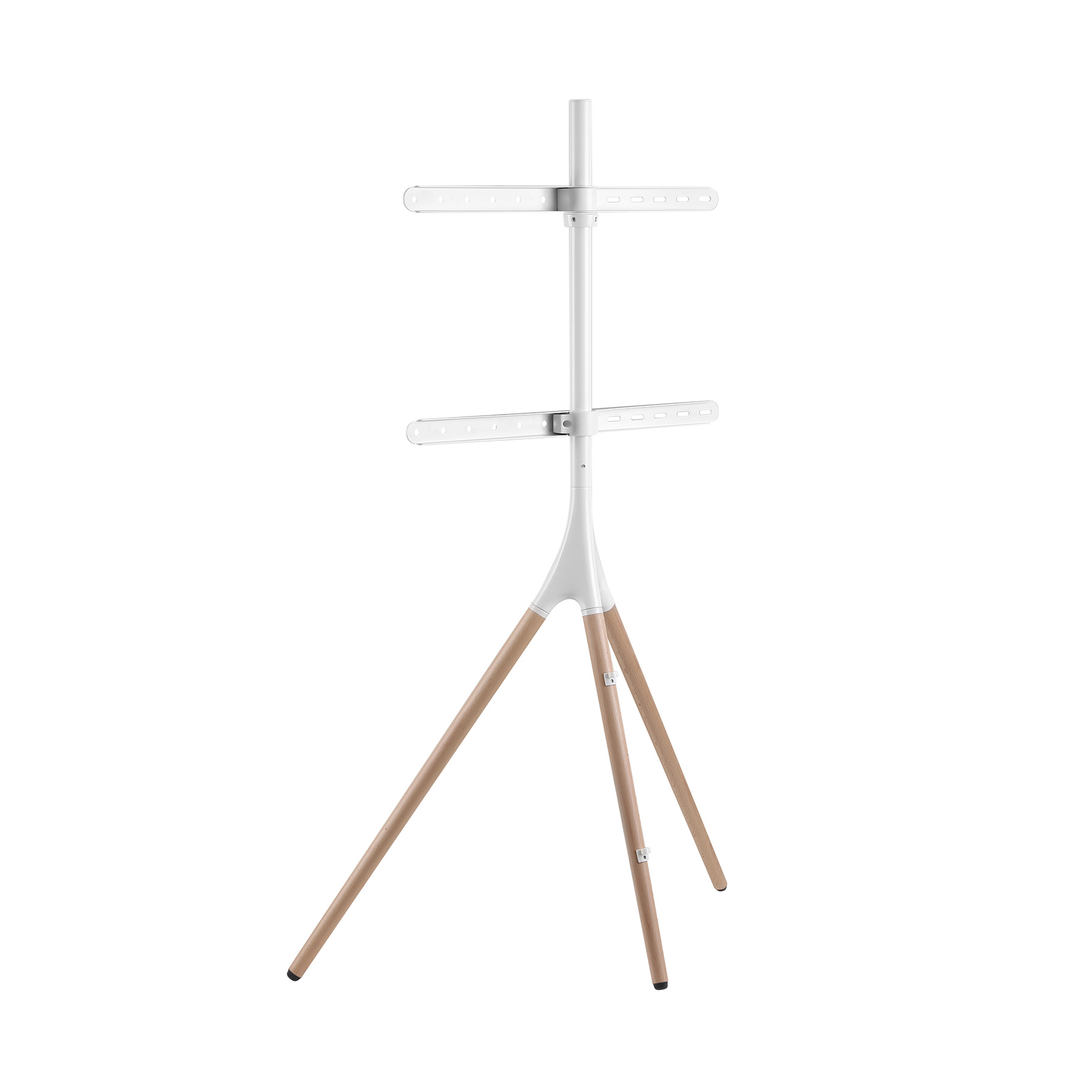 Een witte en houten tv-standaard met twee planken, op een witte achtergrond.