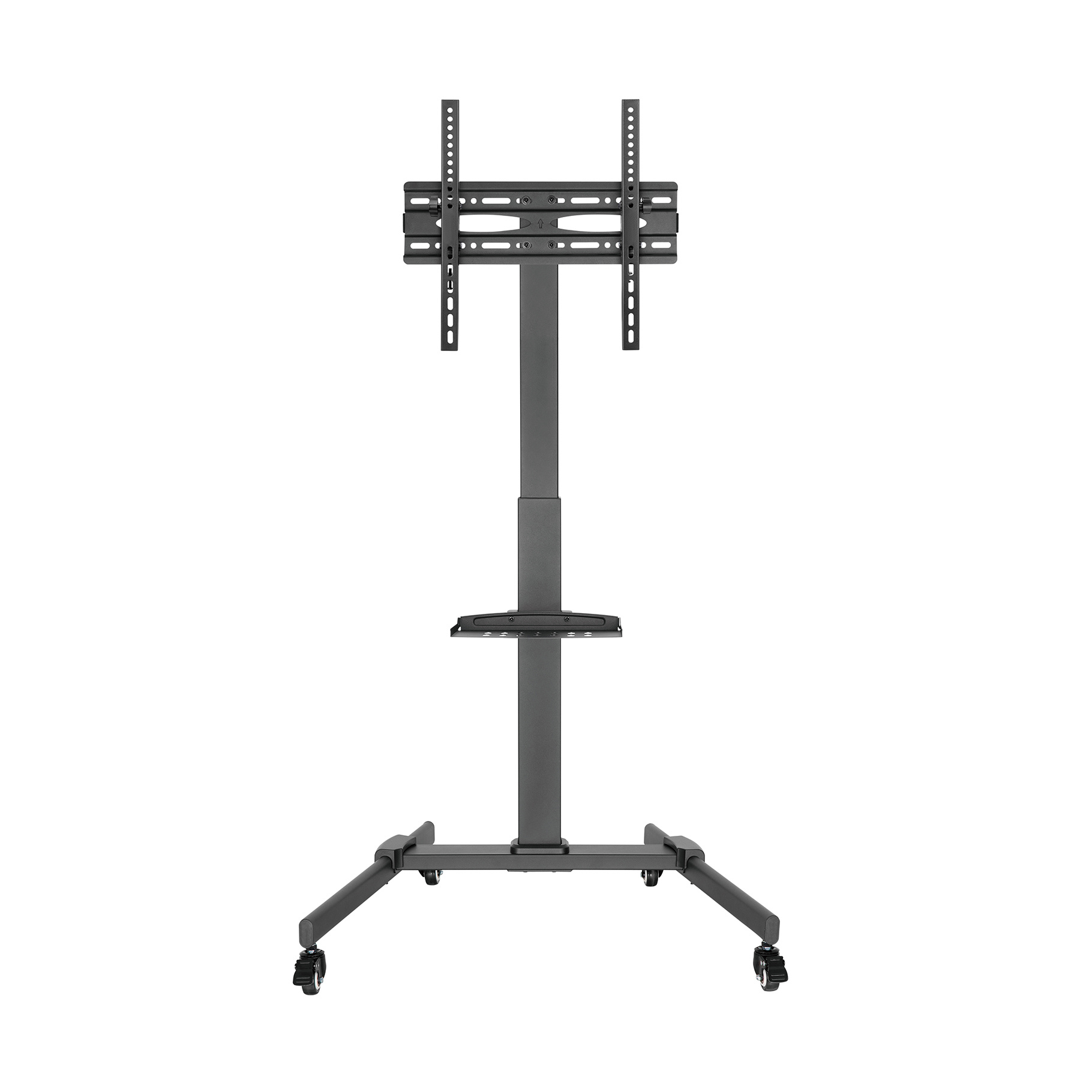 A black TV stand with a TV mount. The stand has wheels.