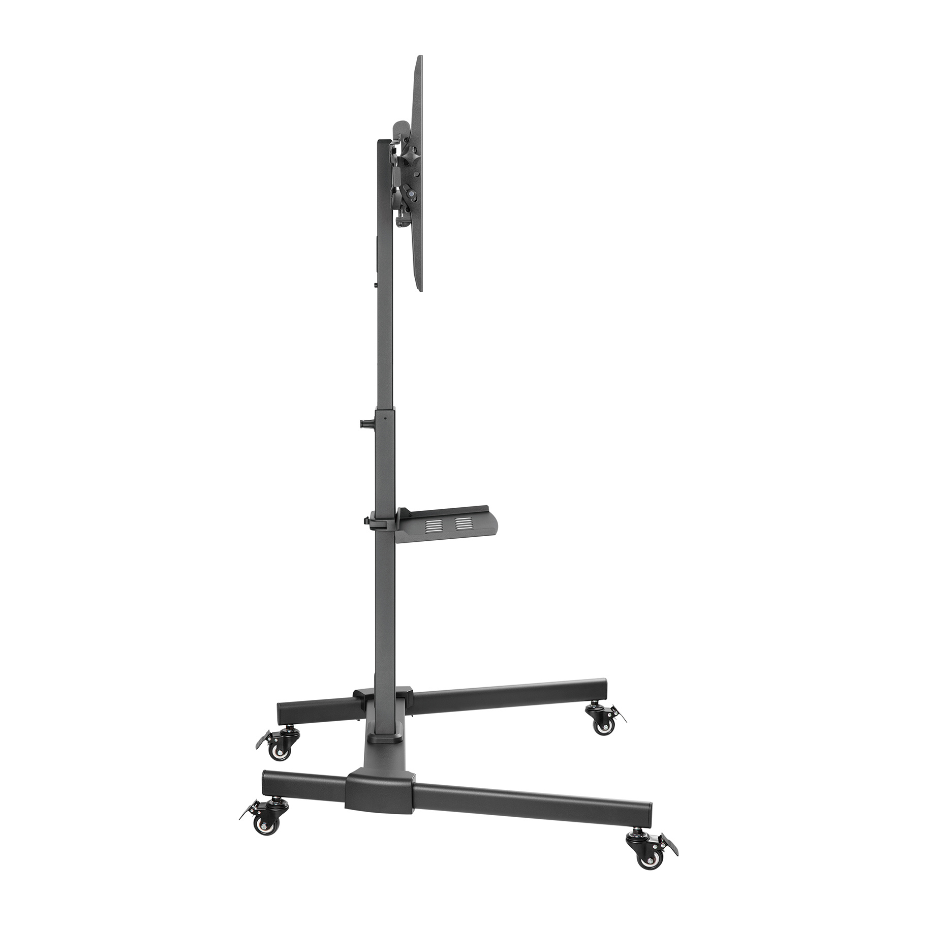 A black TV stand with wheels, holding a flat screen TV.