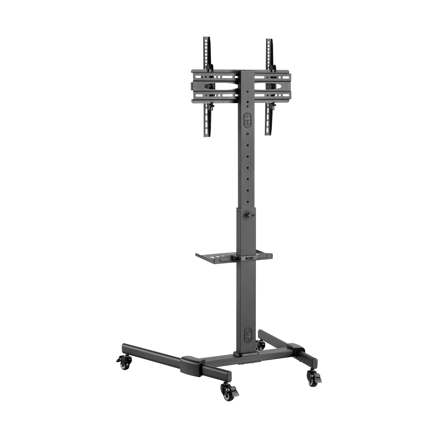 A black TV stand with wheels. It has an adjustable height and shelf.