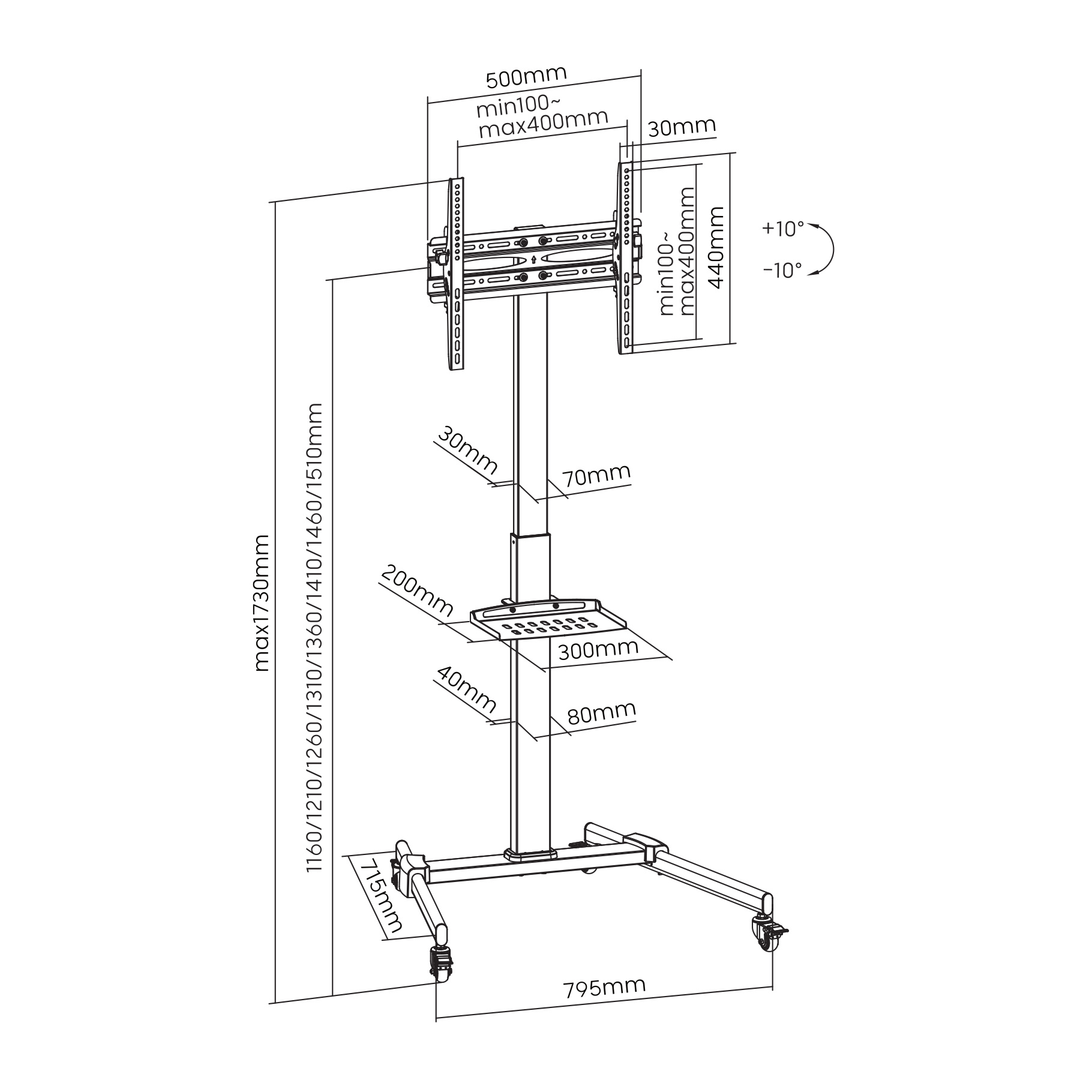 A drawing of a TV stand with dimensions, for TV mounting. It has wheels and a shelf.
