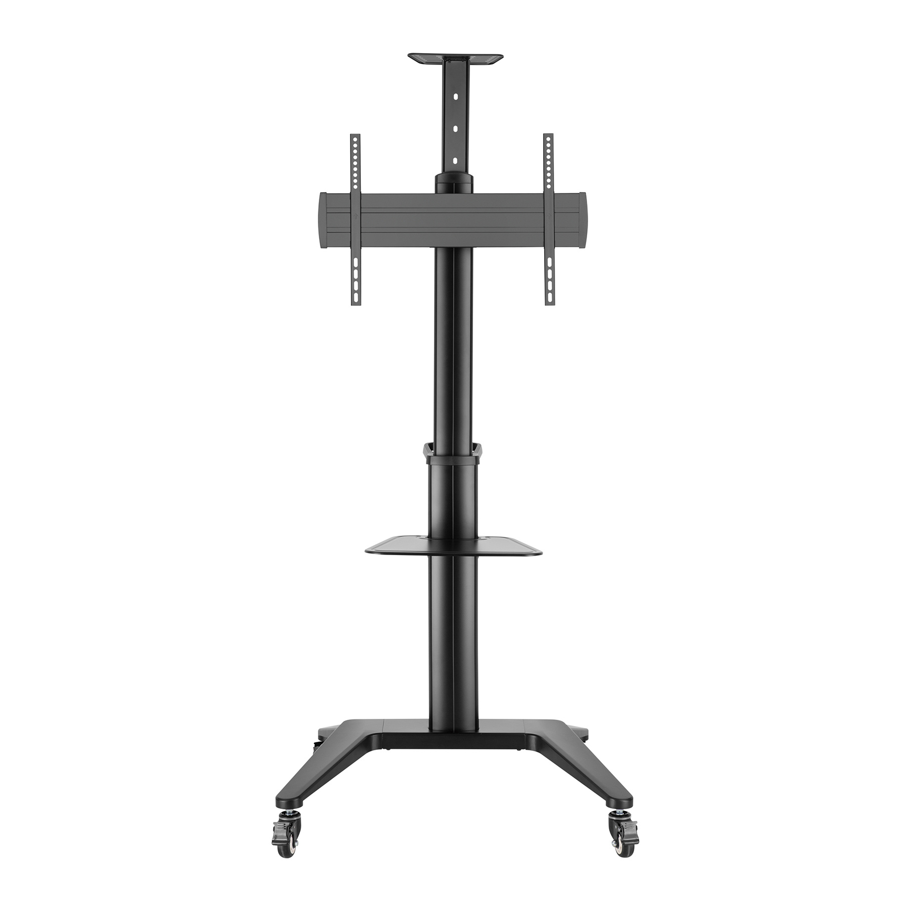 A black TV stand on wheels, with a shelf and a bracket. The stand is designed for TVs.