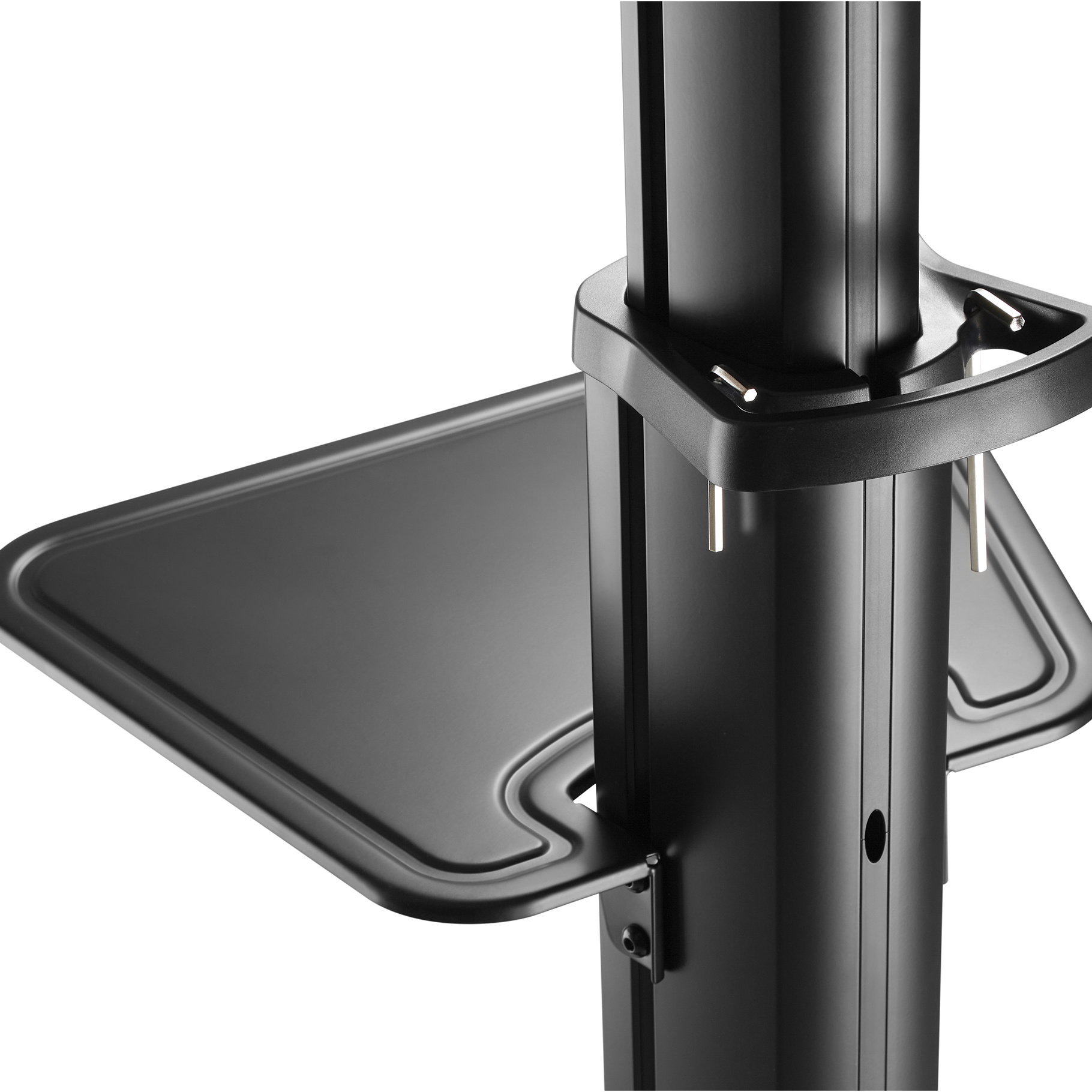 A black stand with a tray and a pole. The background is white.