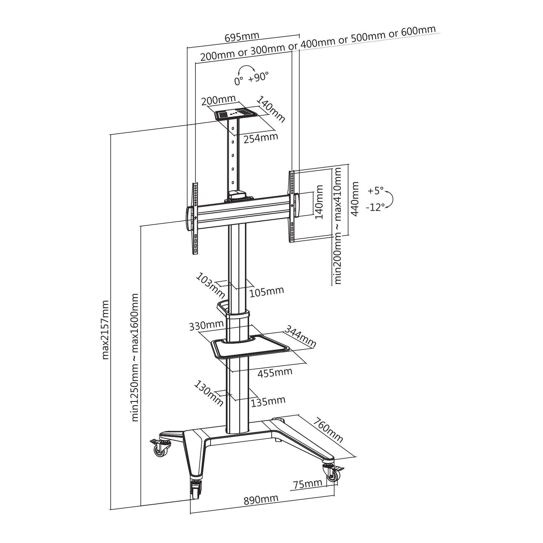 Diagram with measurements of a TV stand on wheels.