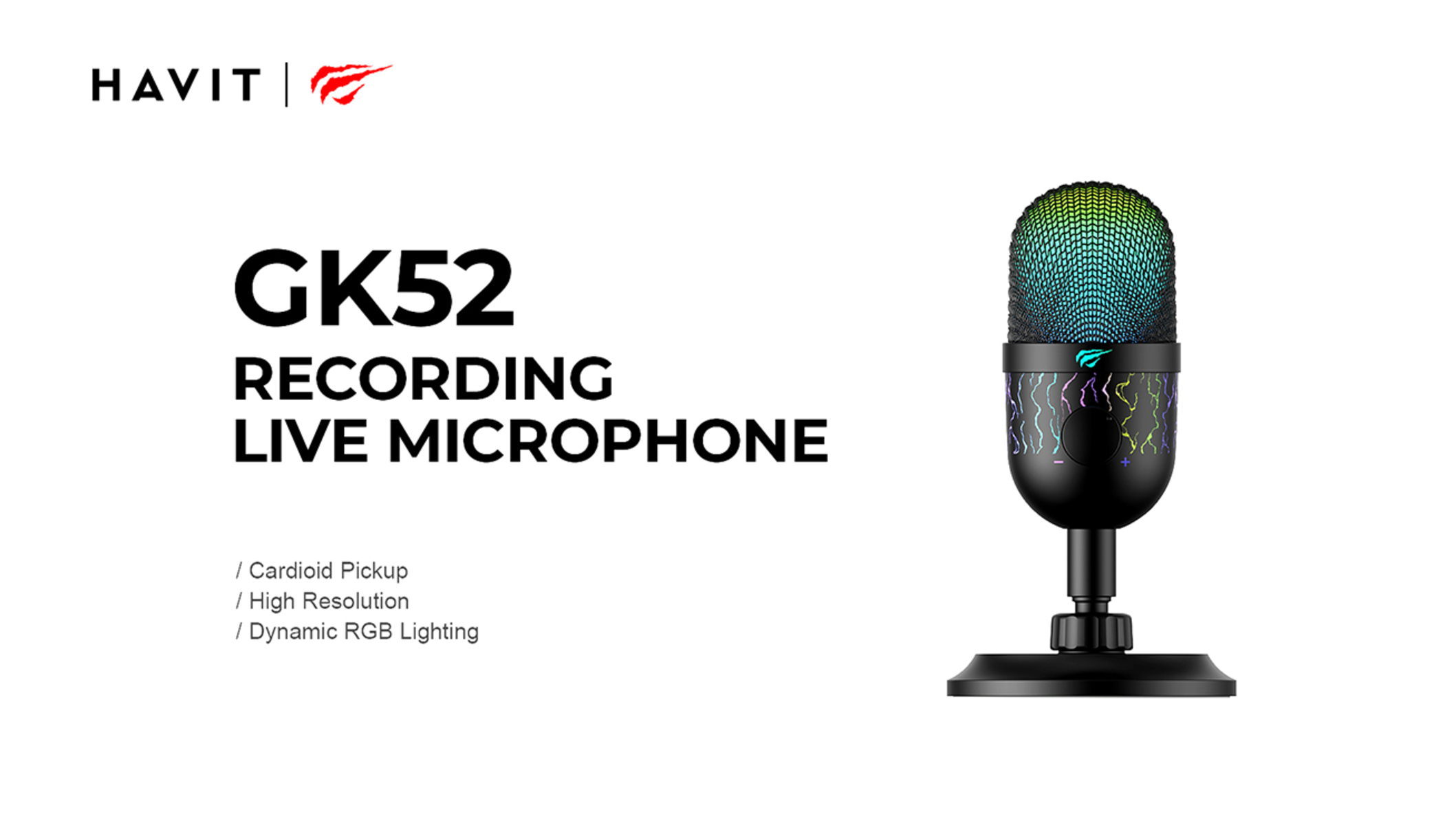 Un microfono di registrazione Havit GK52 nero con illuminazione RGB colorata, su sfondo bianco.