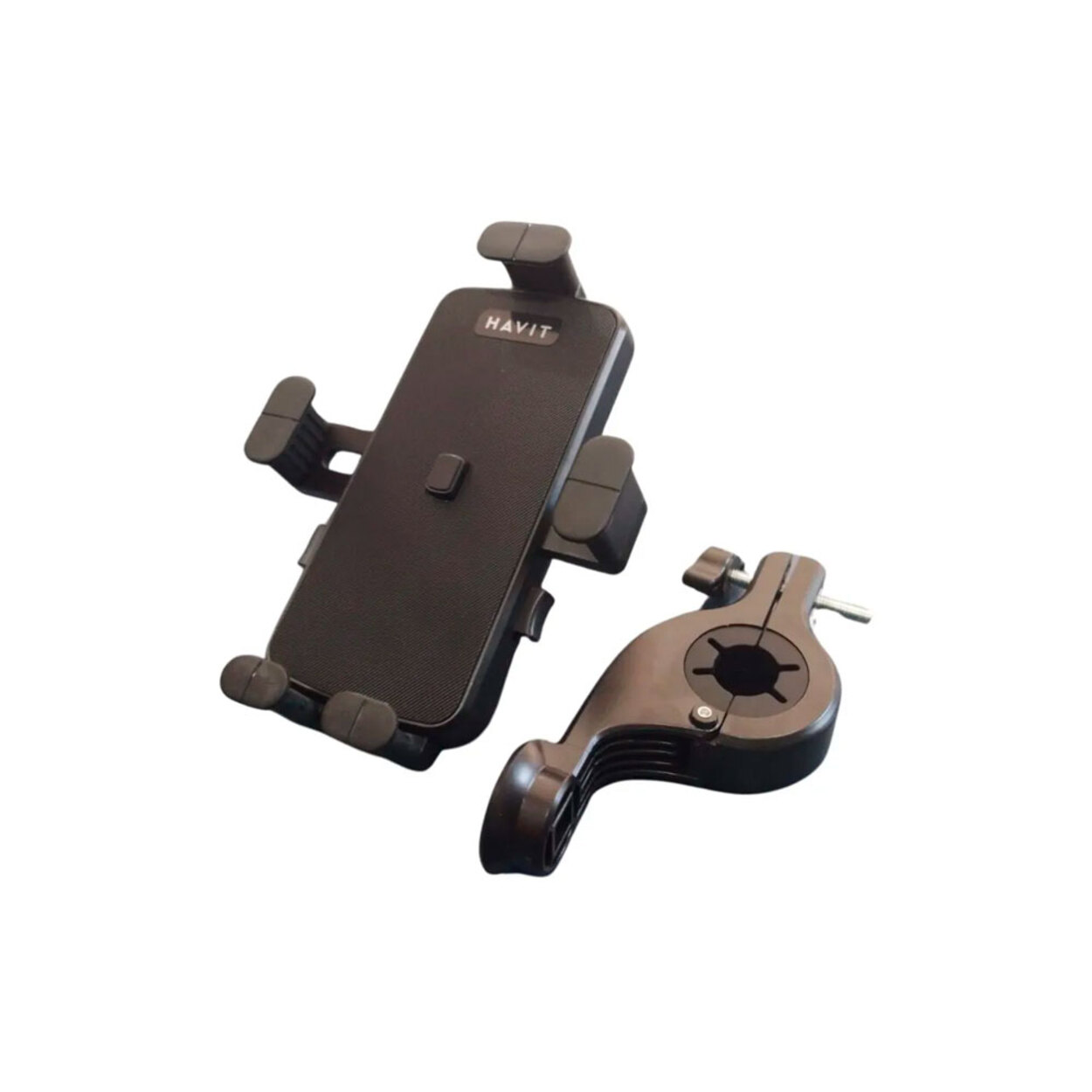 Soporte para teléfono Havit negro para bicicleta. Soporte y abrazadera separada.