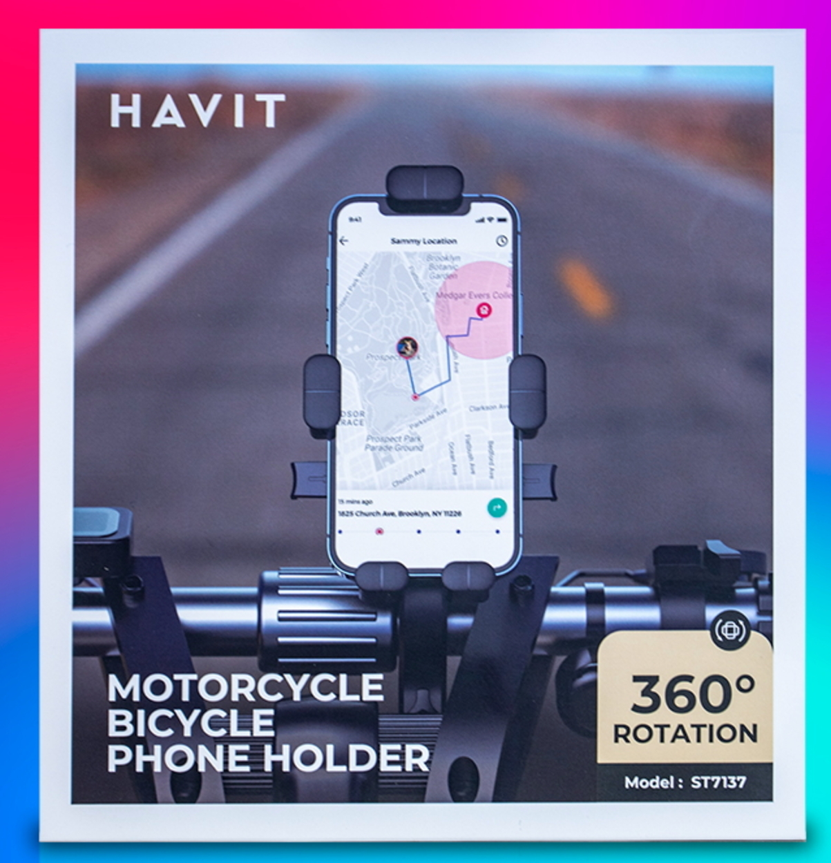 Teléfono en soporte en una bicicleta. La pantalla muestra un mapa. Texto: 'Motorcycle Bicycle Phone Holder'.