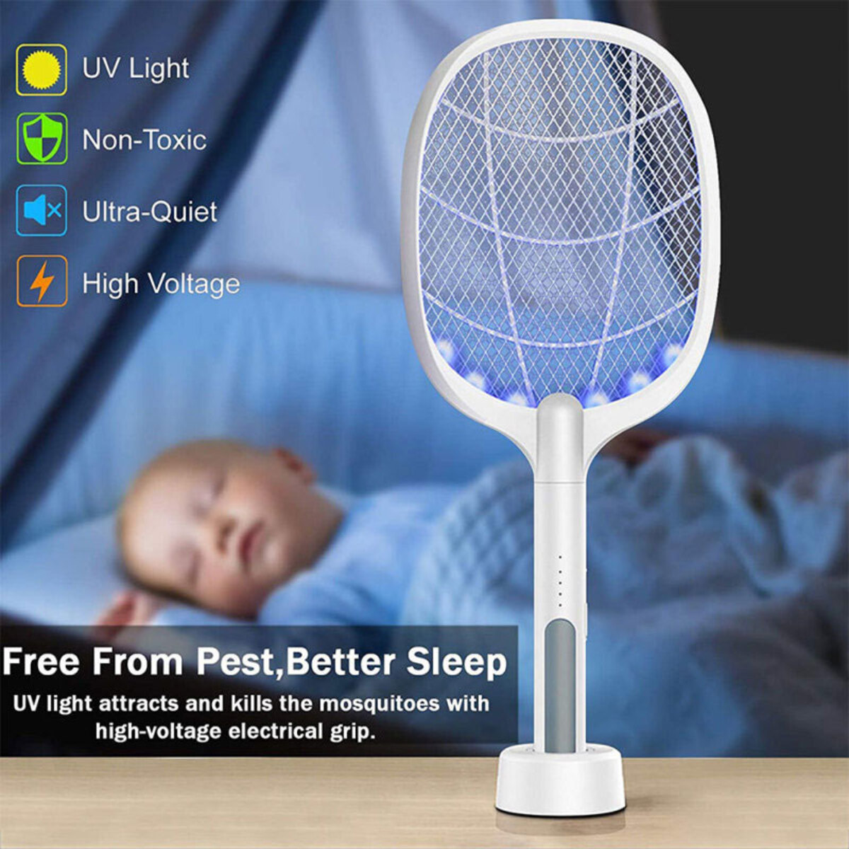 Matamoscas eléctrico con luz UV y un niño durmiendo. El texto detalla las características del producto.