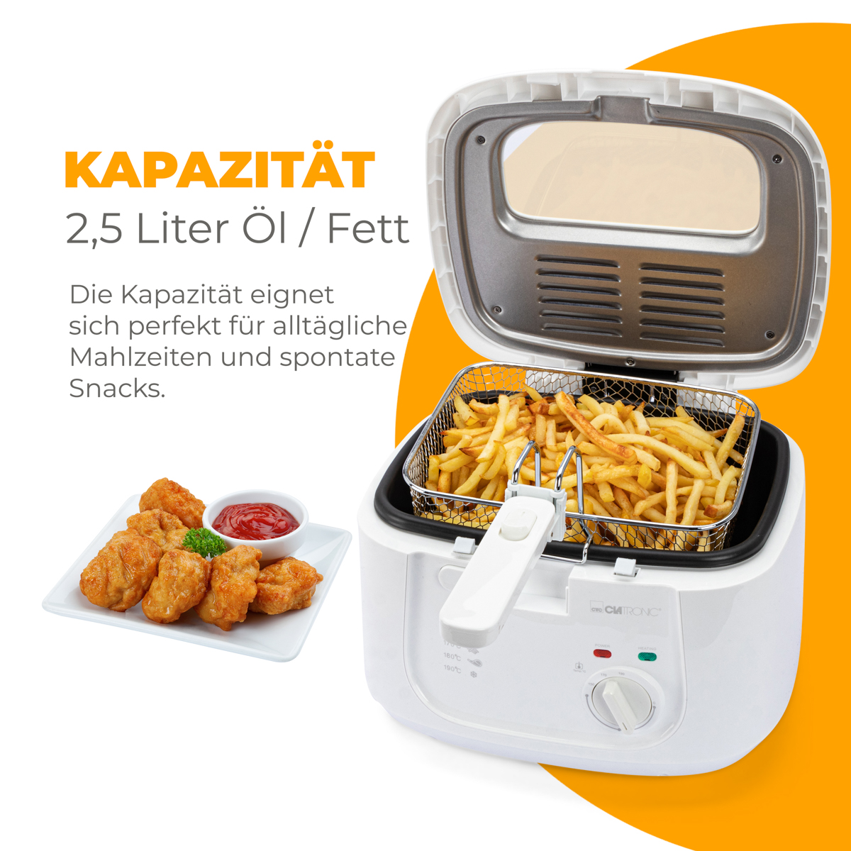 Frytownica z frytkami, nuggetsy z kurczaka i keczup.