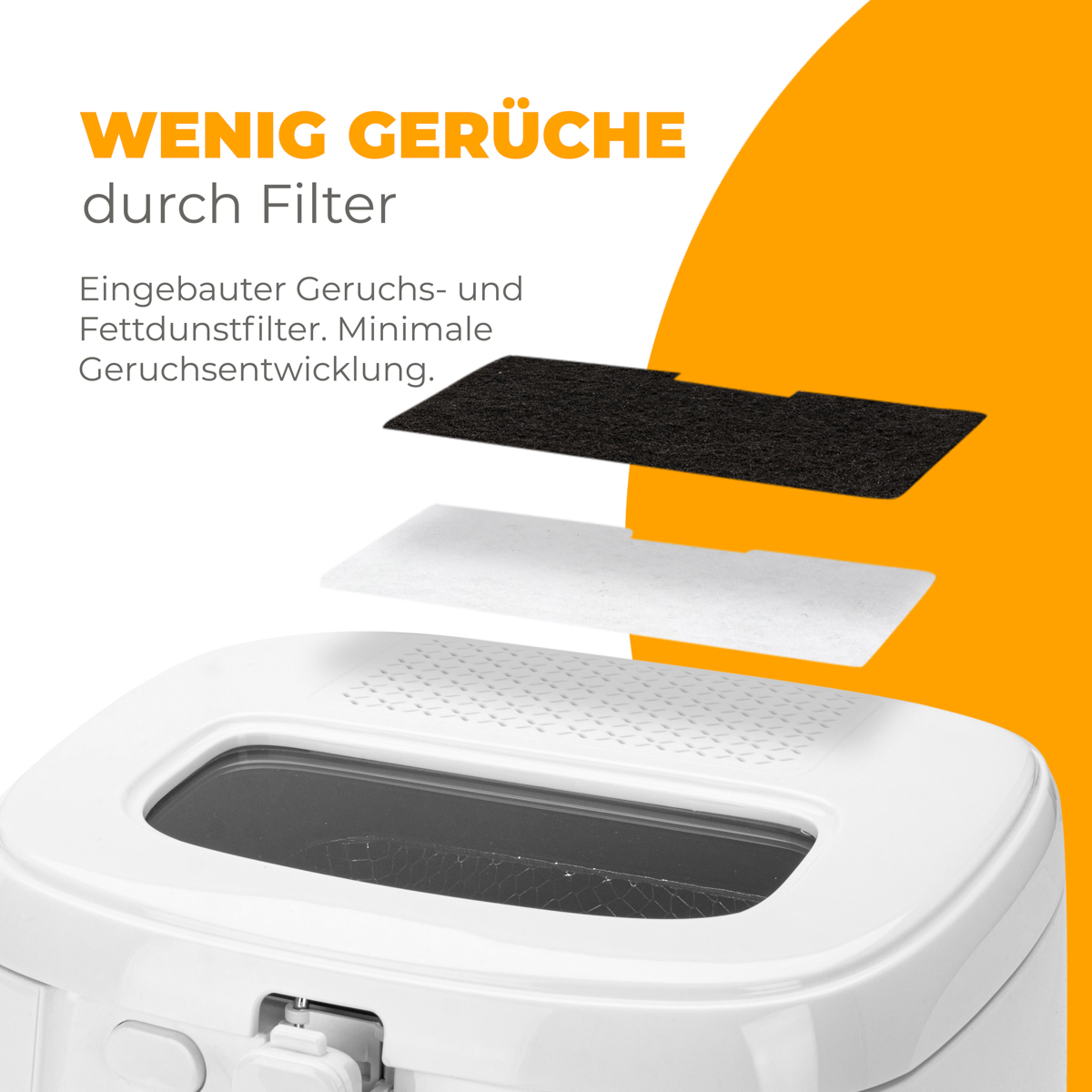 Biała frytkownica ze składnikami i tekstem o minimalnym zapachu i użyciu filtra.