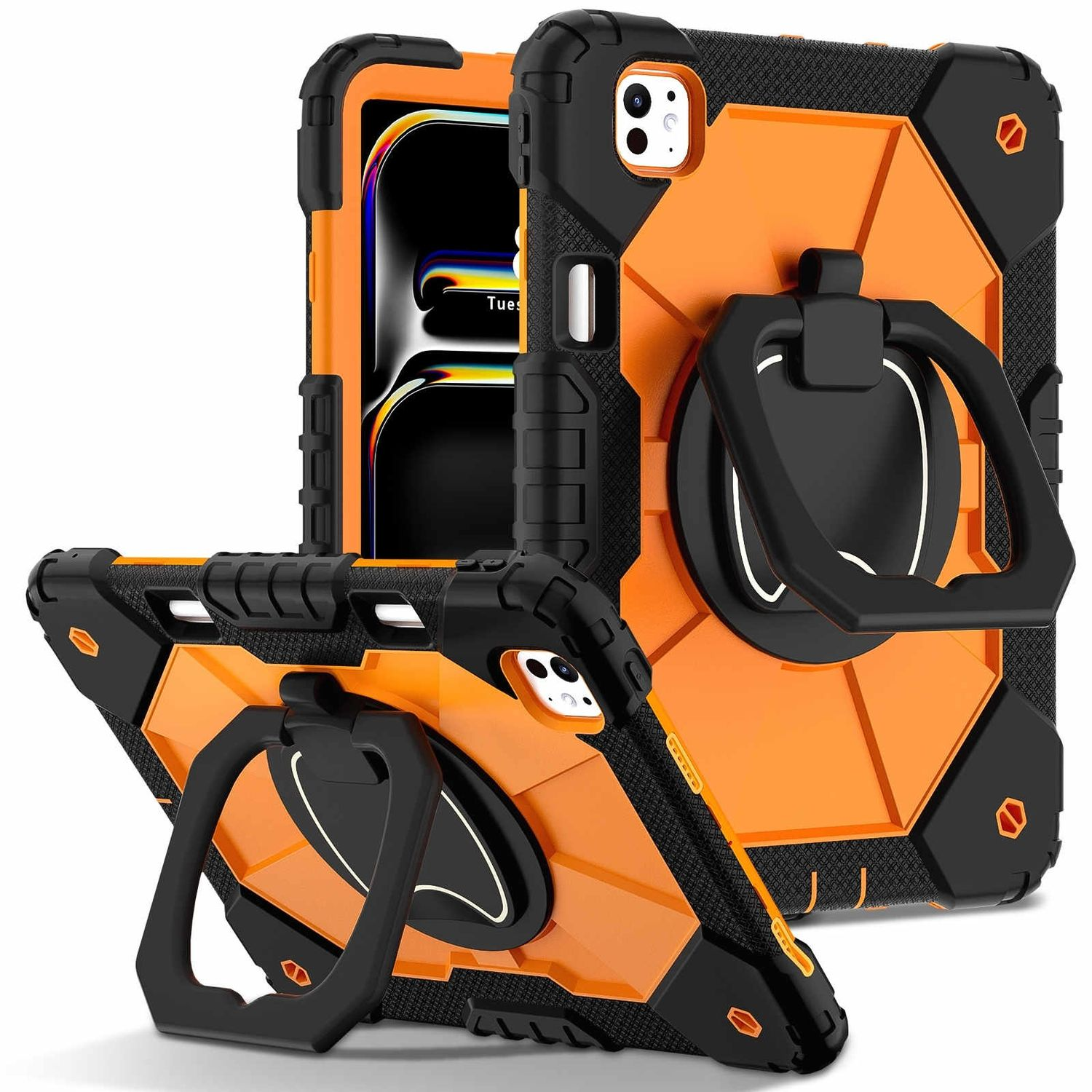 Orange und schwarze Tablet-Hülle mit Ringhalterung. Tablet-Bildschirm sichtbar.