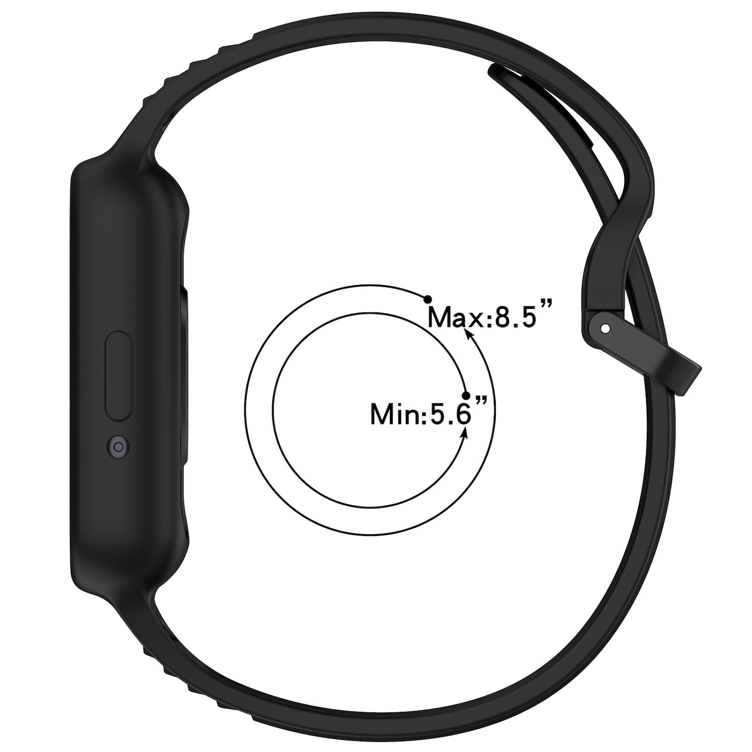 Schwarze Smartwatch mit gebogenem Band. Ein Kreis zeigt den Größenbereich 5,6"-8,5" an.