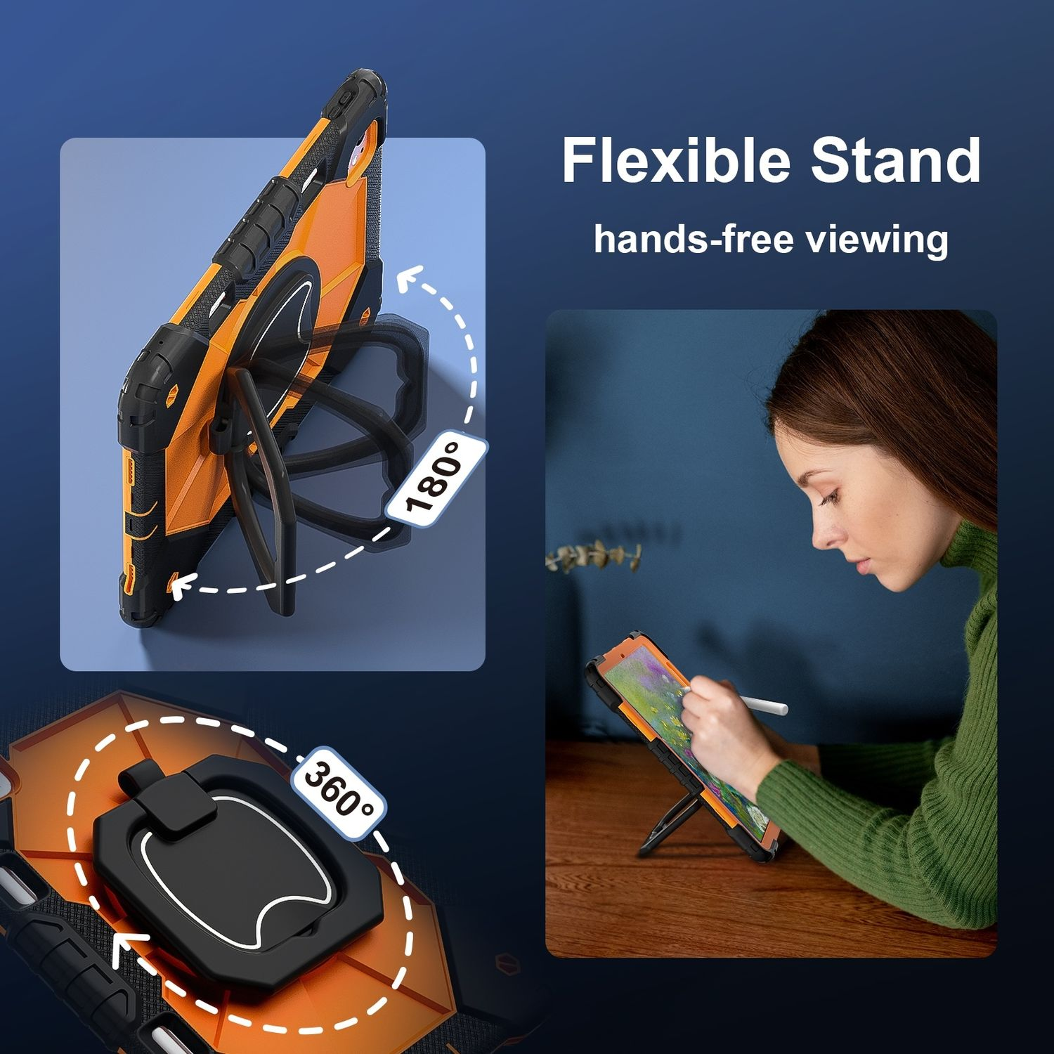 Eine orangefarbene Tablethülle mit schwarzem Ständer. Zeigt 180- und 360-Grad-Drehung.