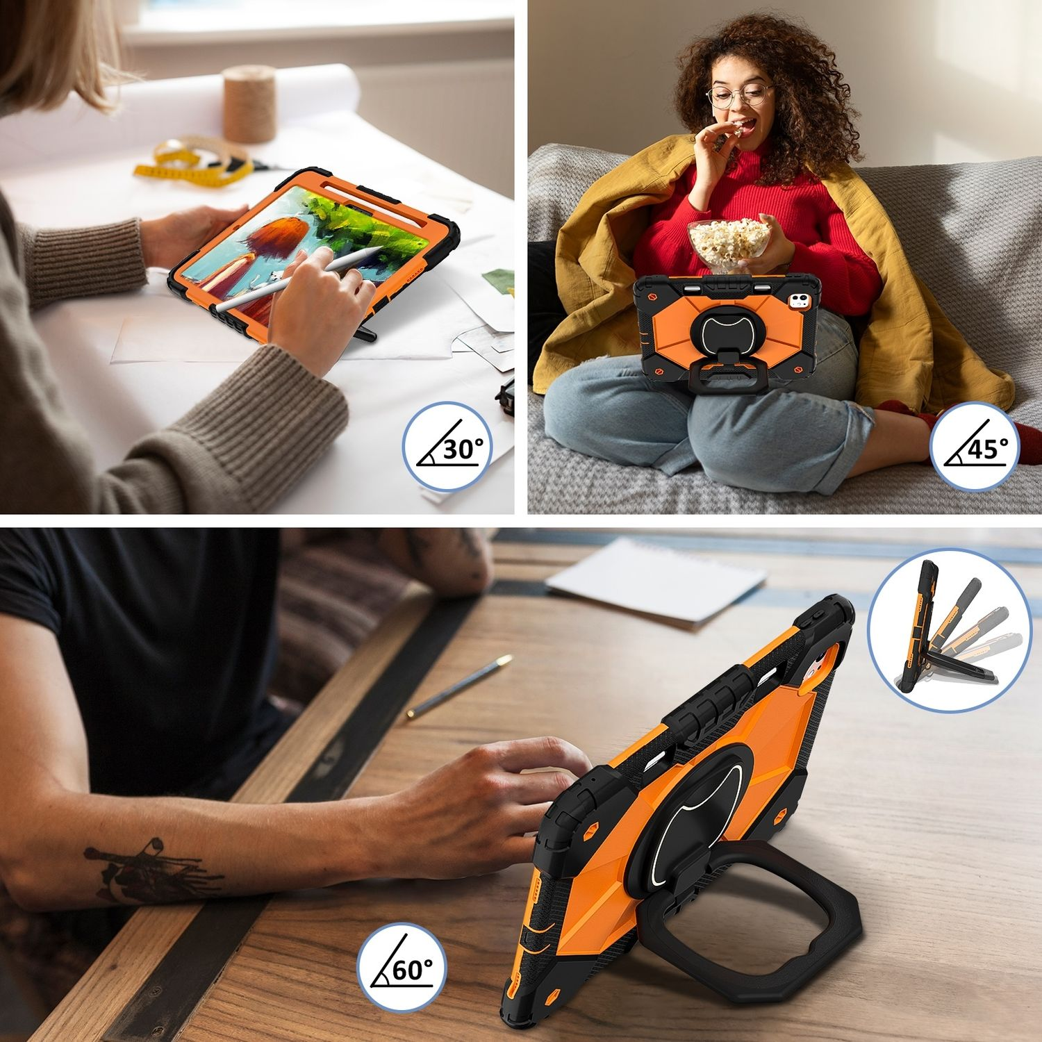 Tablet in orangefarbenem Gehäuse, angewinkelt in 30, 45 und 60 Grad. Das Gehäuse hat einen Ständer.