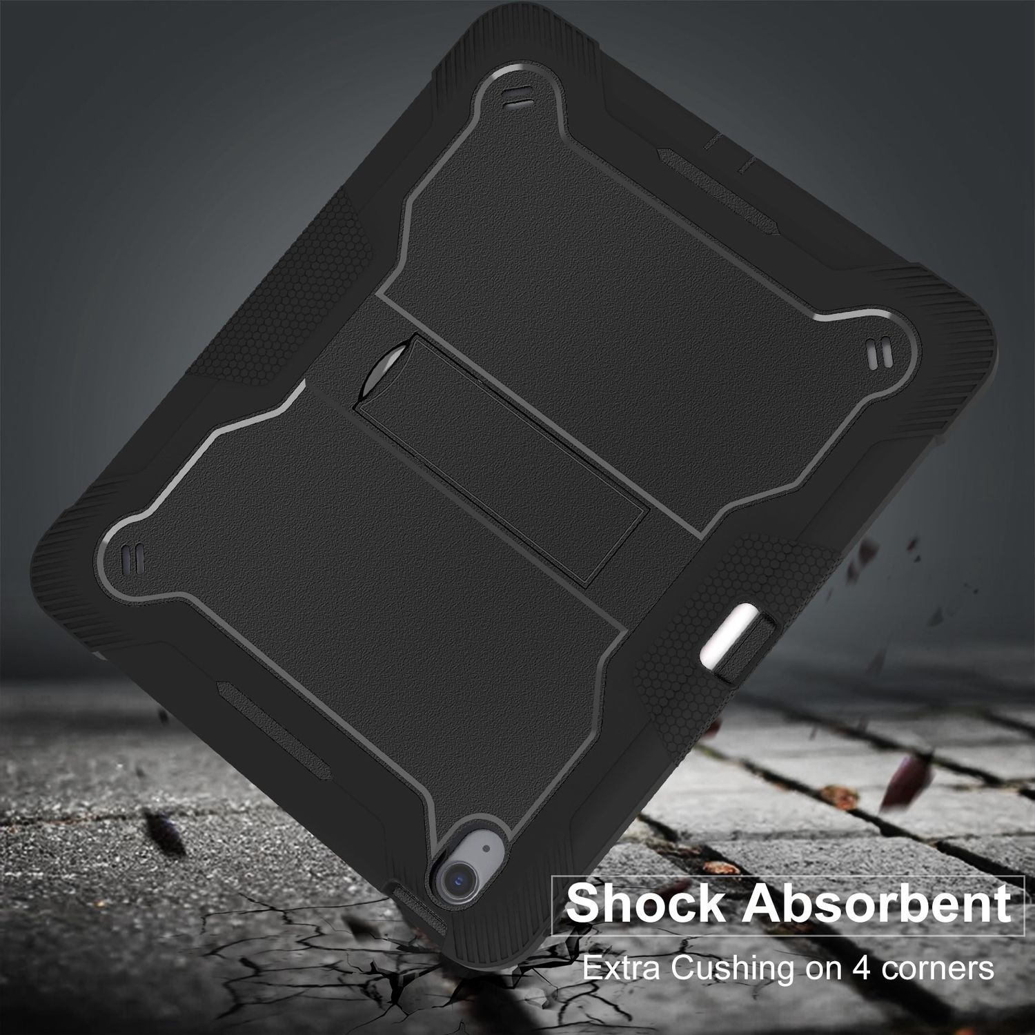 Schwarze Tablet-Hülle mit stoßdämpfenden Eigenschaften und Ständer, auf strukturierter Oberfläche.