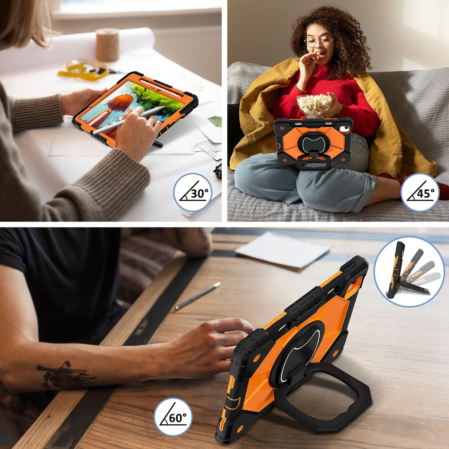 Drei Bilder zeigen ein Tablet in orange-schwarzem Gehäuse. Aktionen: Zeichnen, Ansehen und Aufstellen.
