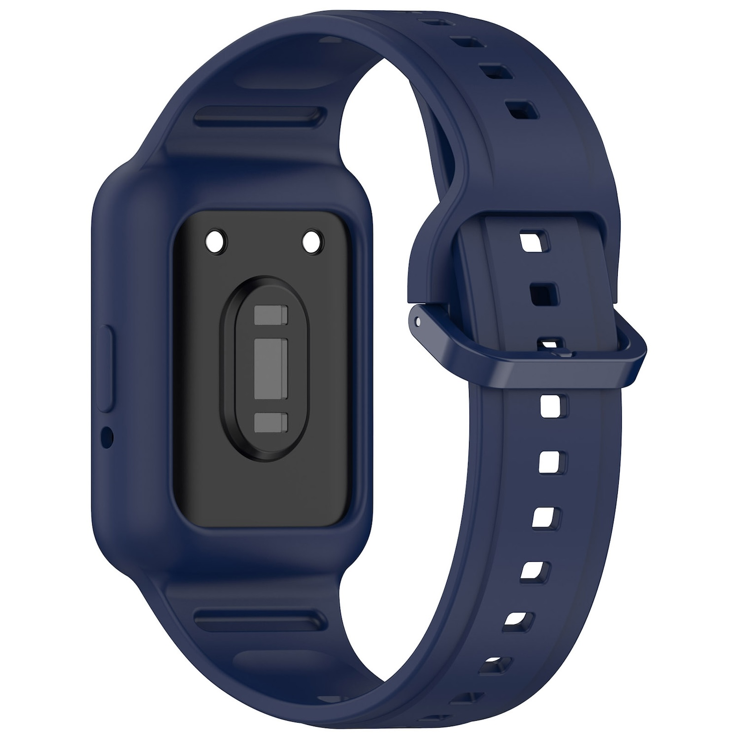 Ein dunkelblaues Smartwatch-Armband mit Schnalle. Es hat einen Sensorbereich.
