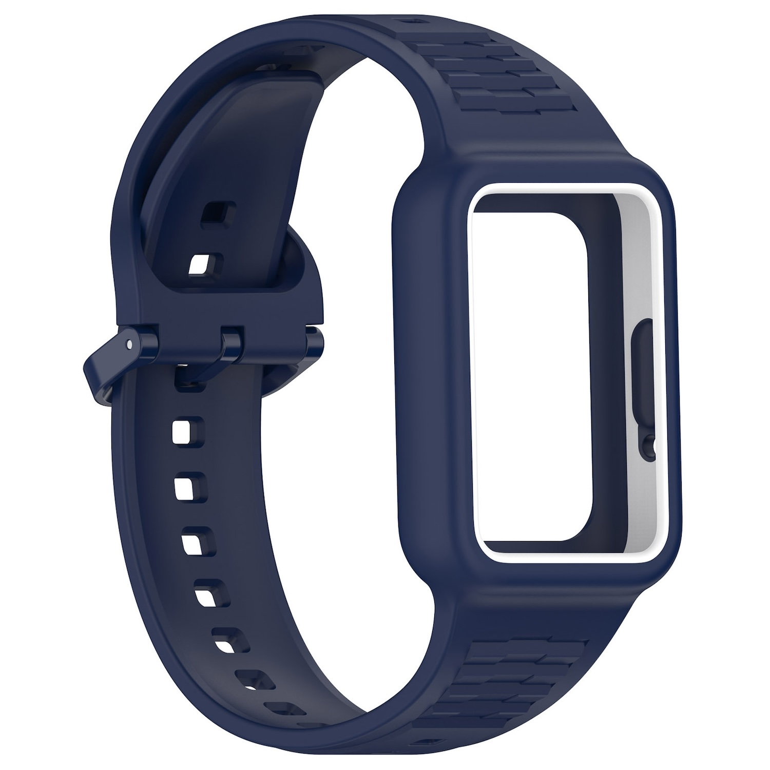 Blaues Uhrenarmband mit weißem Innenrahmen. Das Band hat eine Schnalle.
