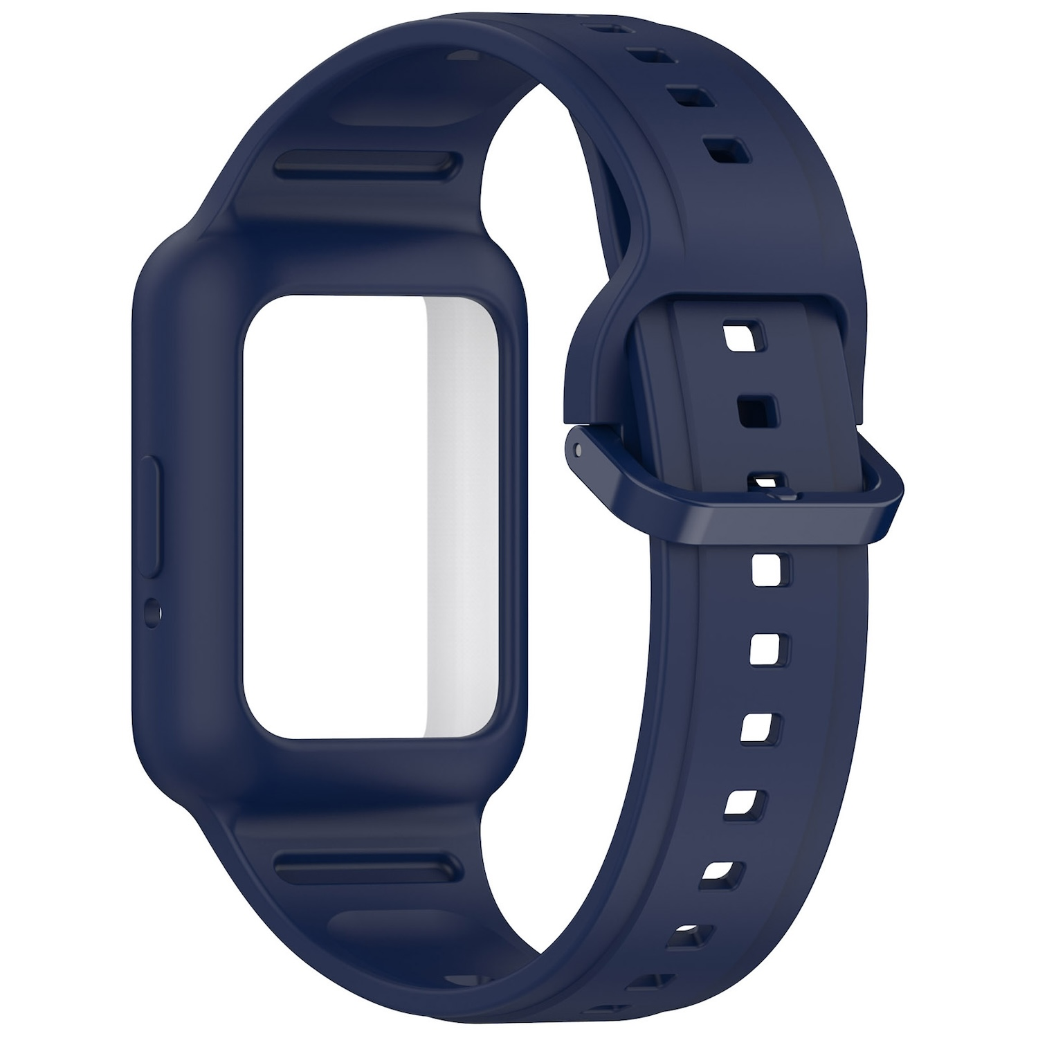 Ein dunkelblaues Smartwatch-Armband mit einem weißen Bildschirmschutz vor weißem Hintergrund.
