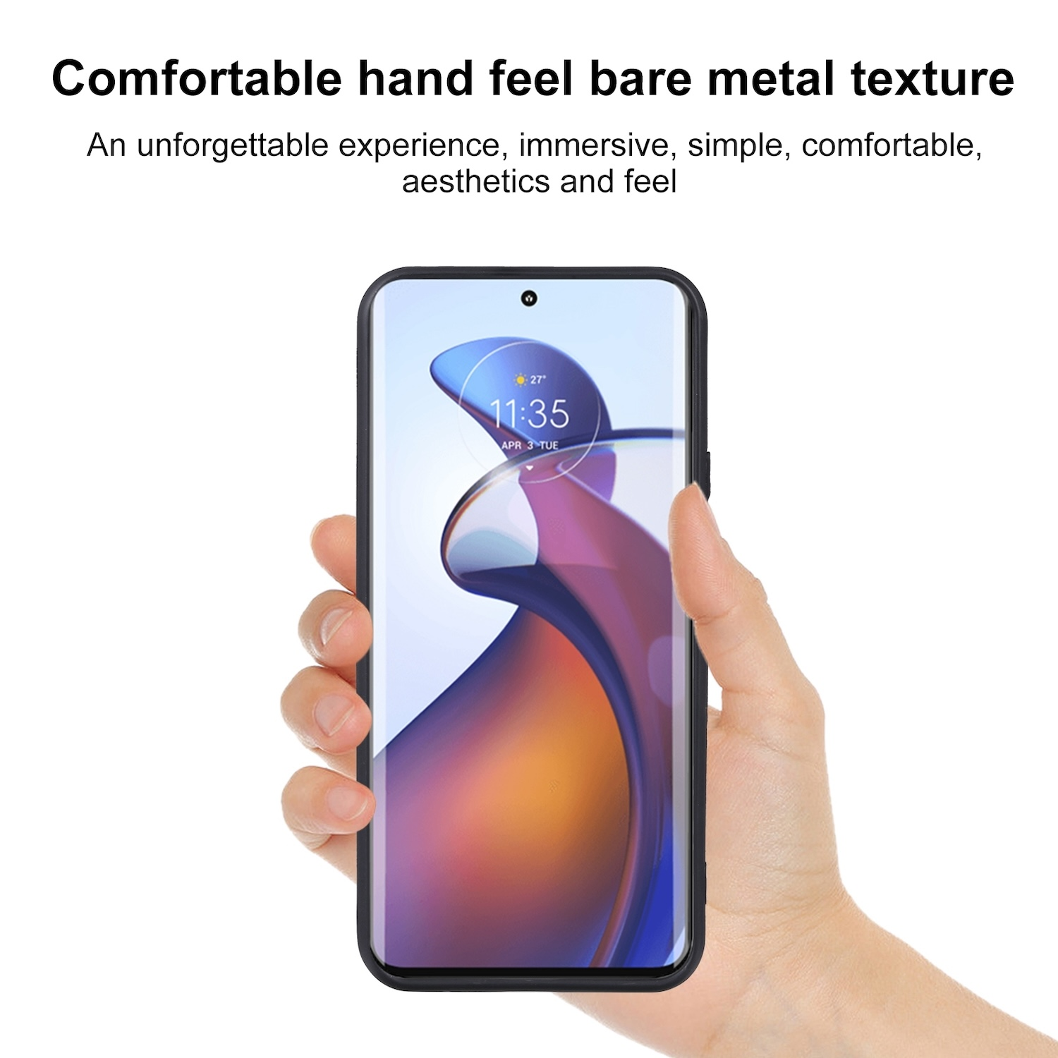 Die Hand einer Person, die ein schwarzes Smartphone hält. Der Bildschirm zeigt eine App.